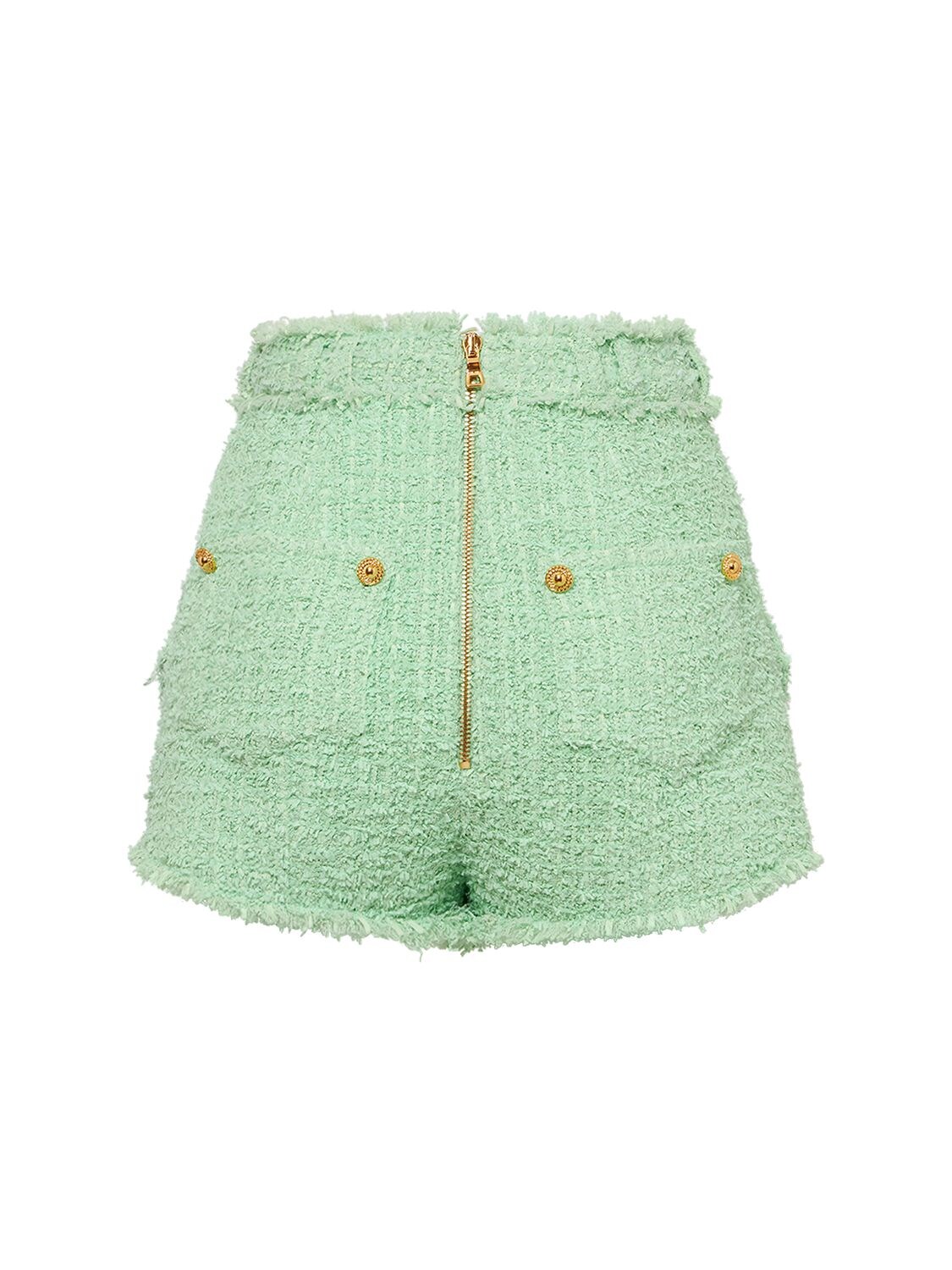 Shop Balmain Tweed Mini Shorts In Light Green