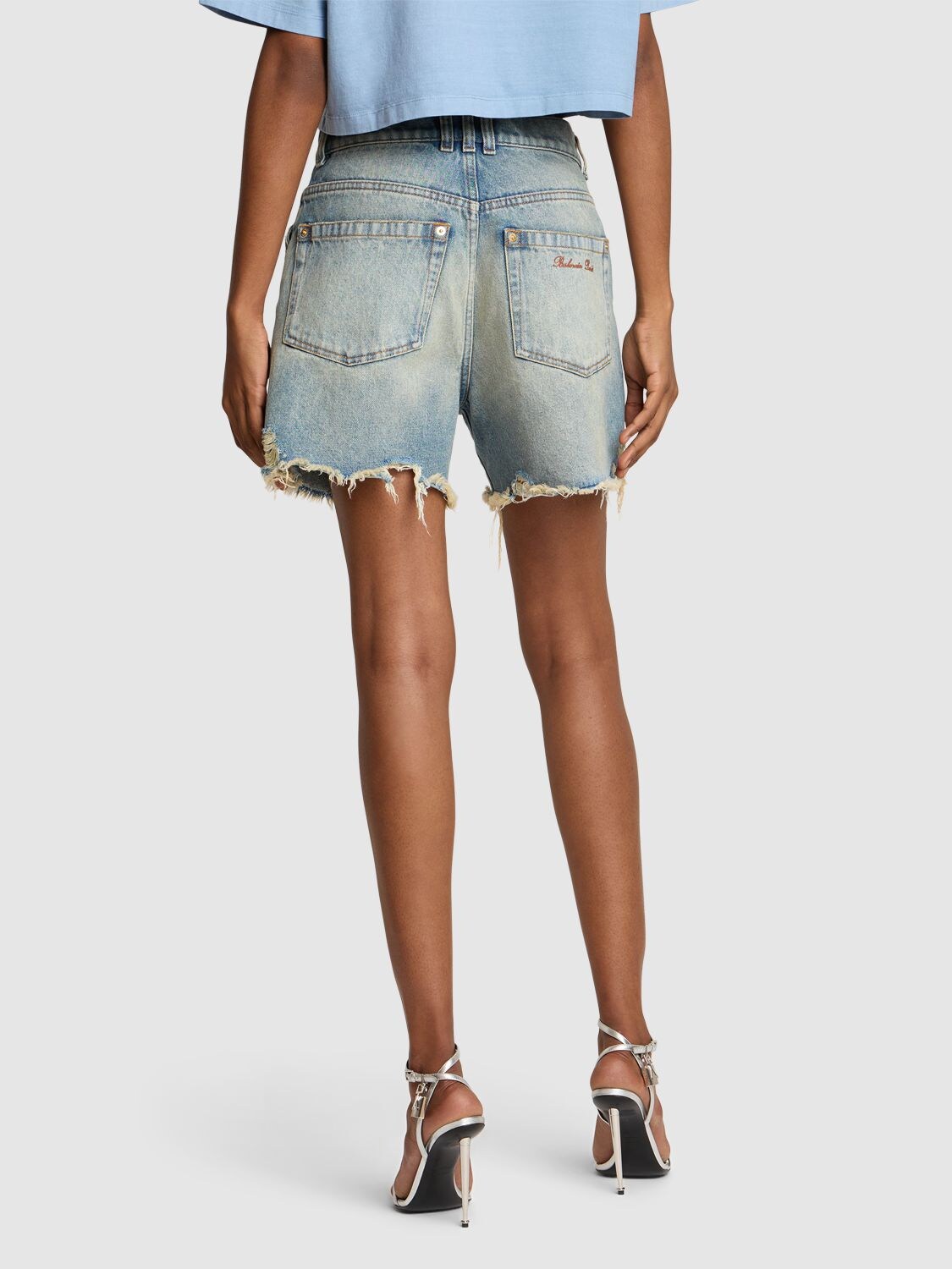 Shop Balmain Raw Cut Denim Shorts In Blue