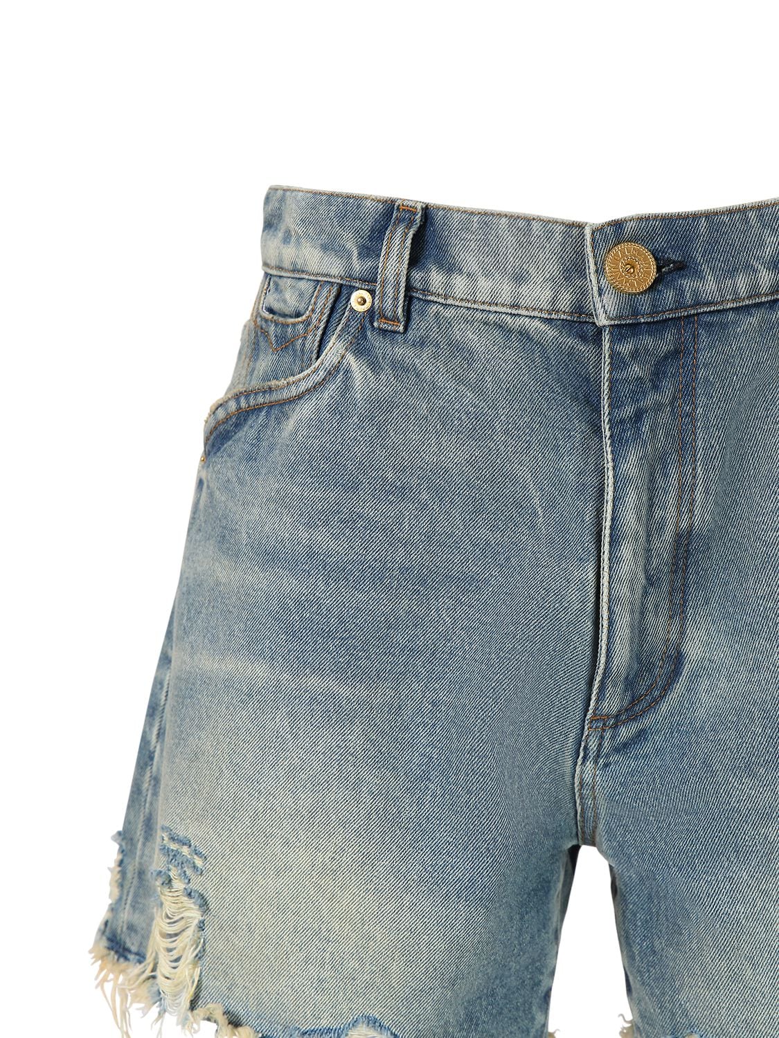 Shop Balmain Raw Cut Denim Shorts In Blue