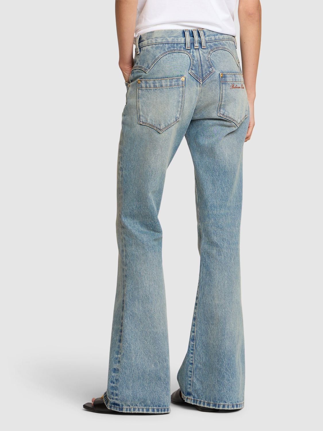 Shop Balmain Western Crop Flared Denim Jeans In Blue