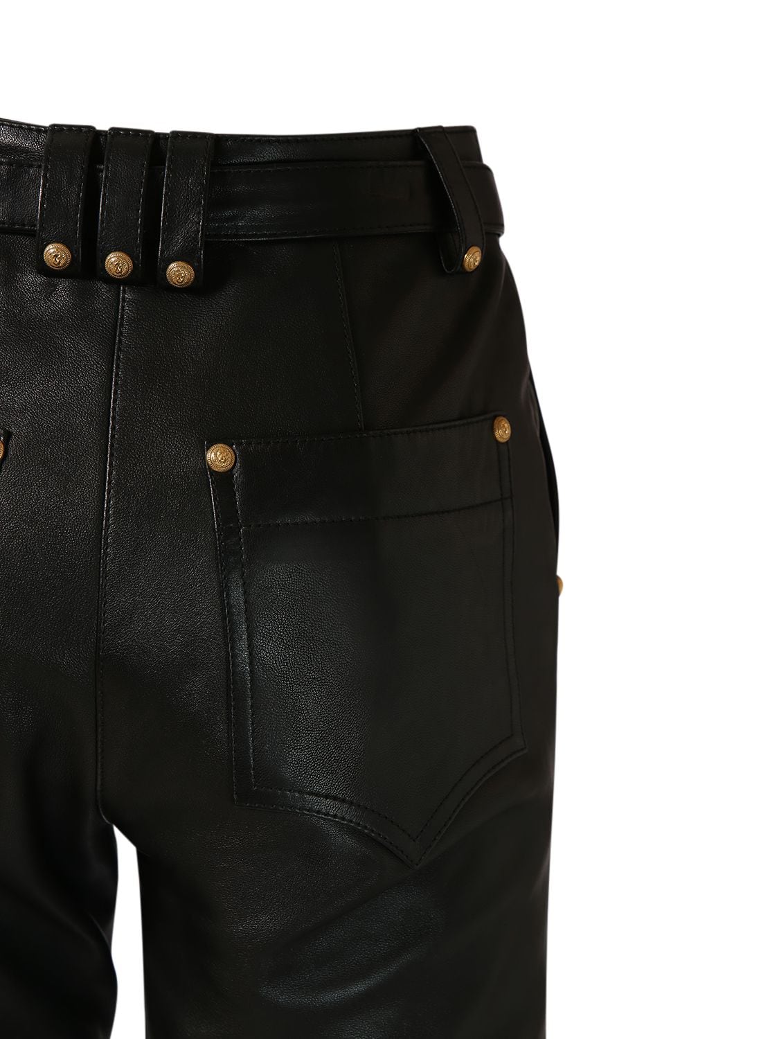 Shop Balmain Belted Leather Straight Pants In Black