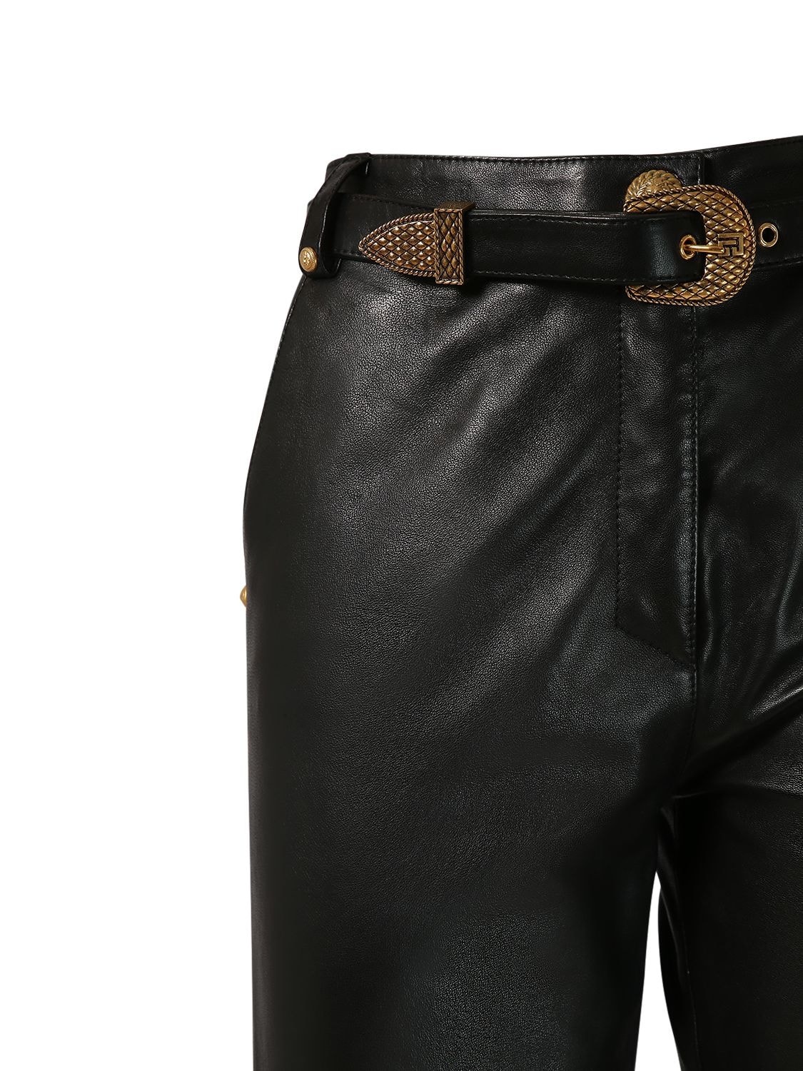 Shop Balmain Belted Leather Straight Pants In Black