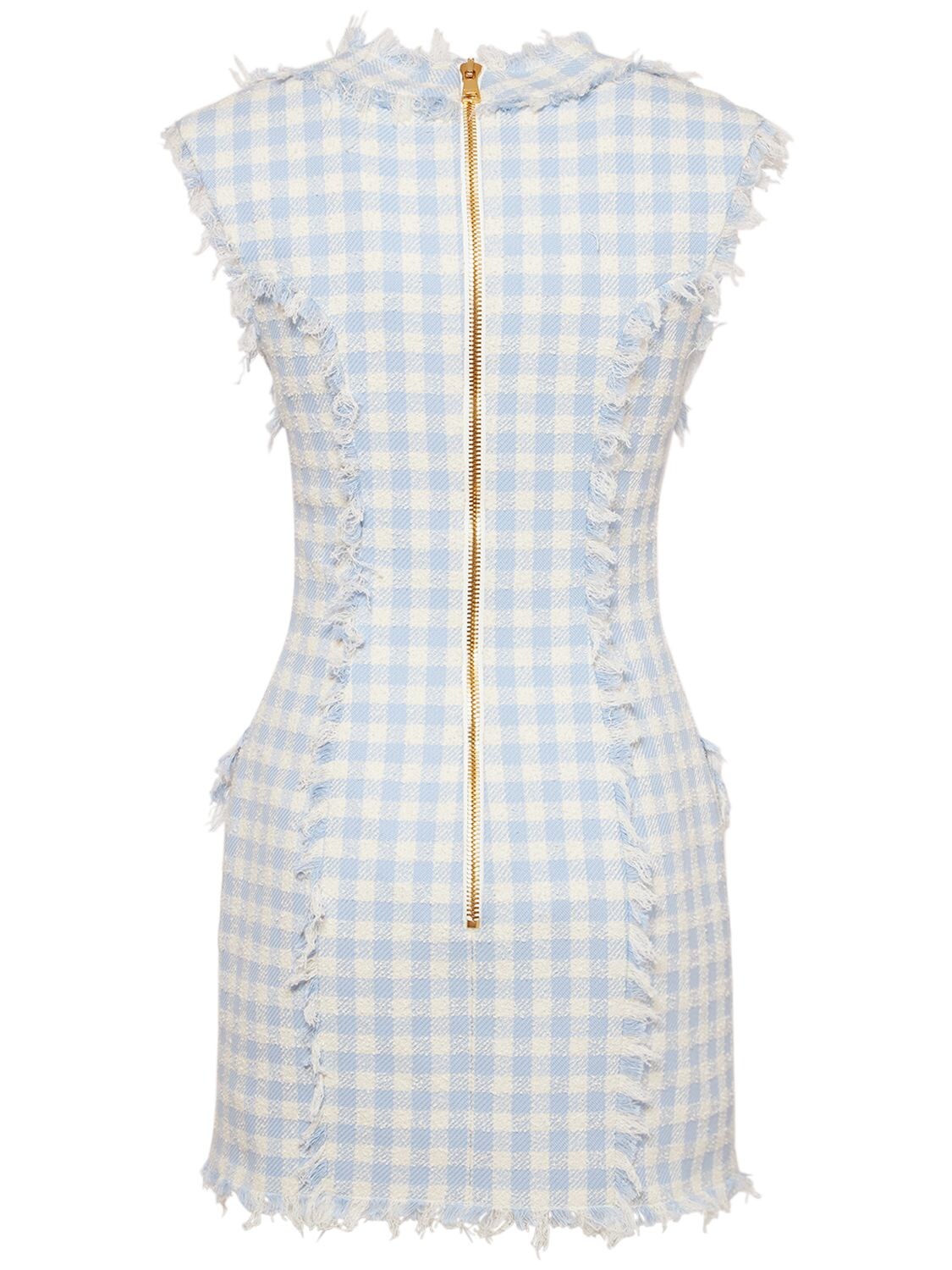 Shop Balmain Gingham Tweed Mini Dress In Light Blue