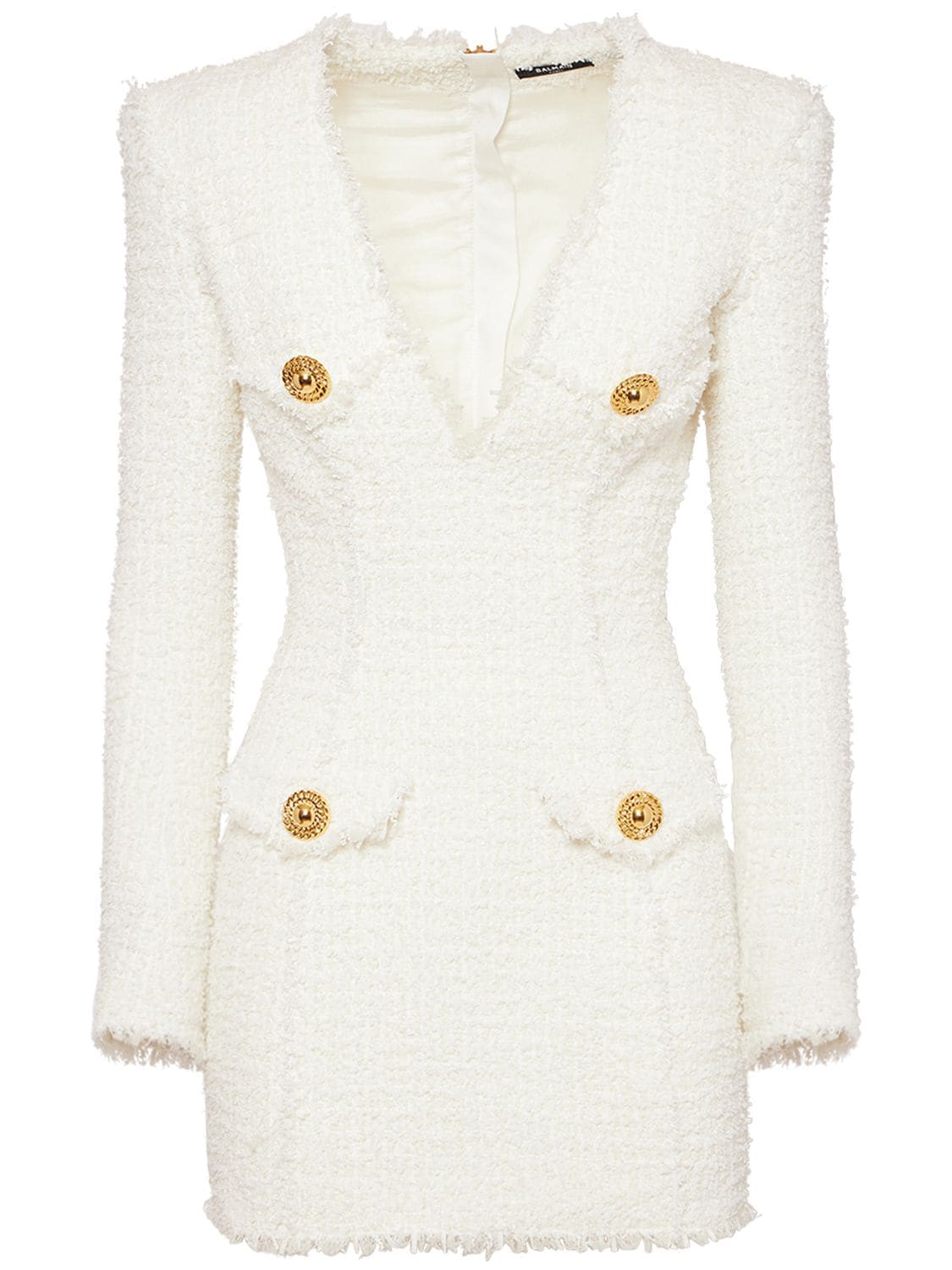 Shop Balmain V-neck Tweed Mini Dress In White