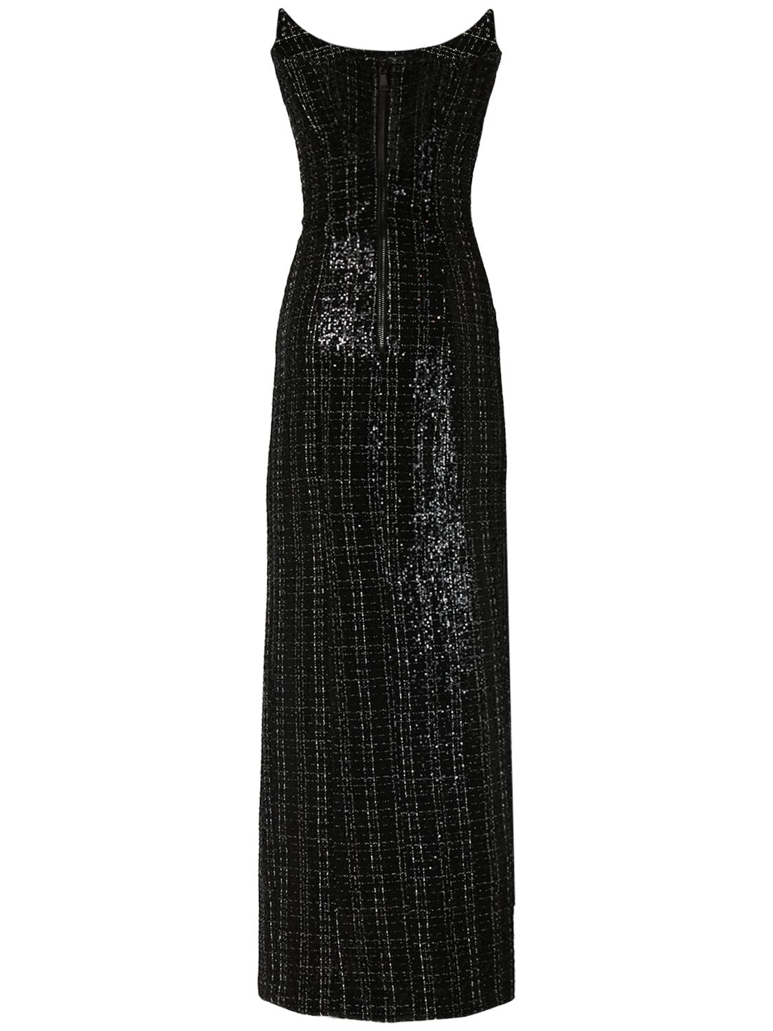 Shop Balmain Glittered Tweed Long Bustier Dress In Black