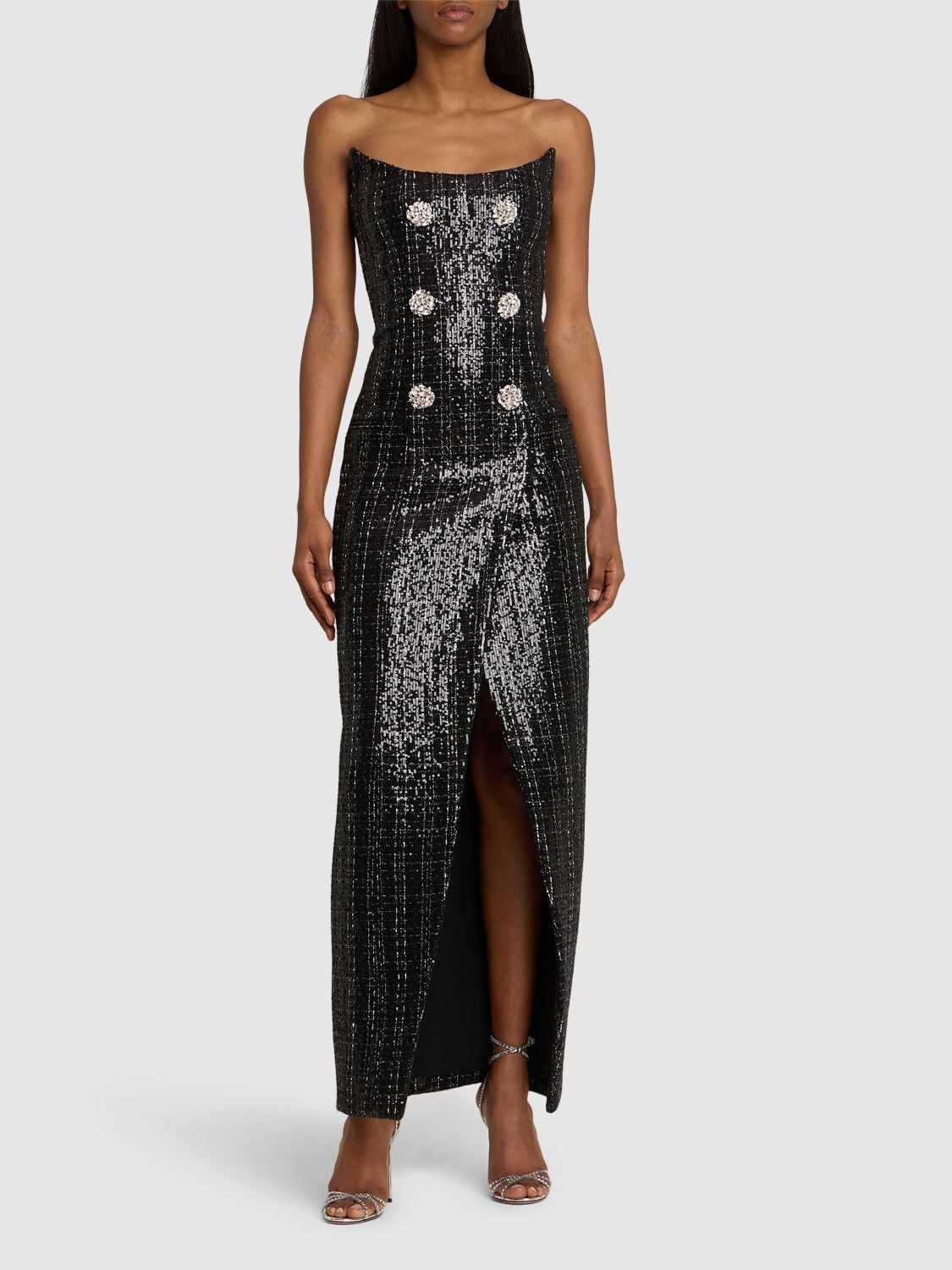 Shop Balmain Glittered Tweed Long Bustier Dress In Black