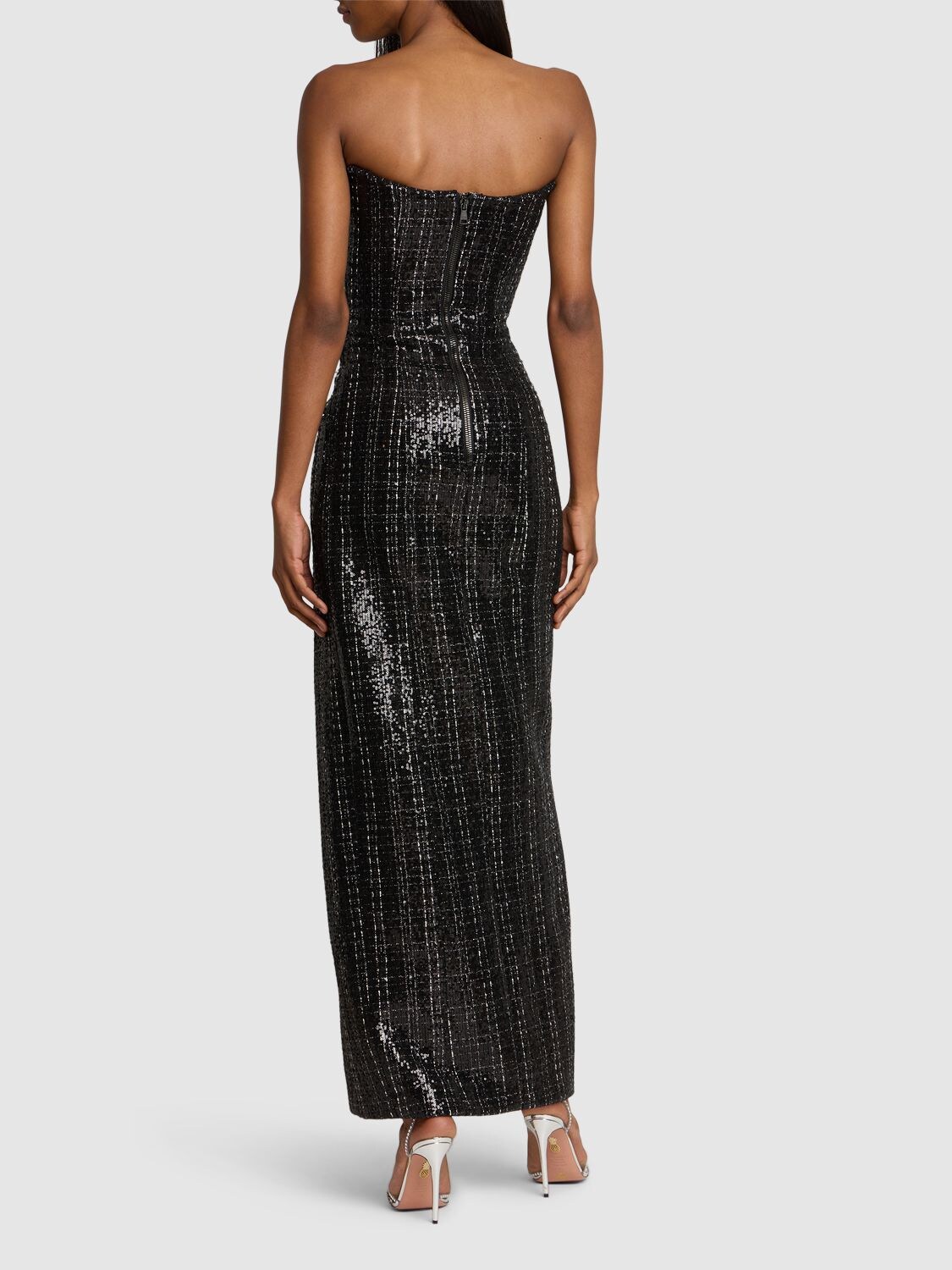 Shop Balmain Glittered Tweed Long Bustier Dress In Black