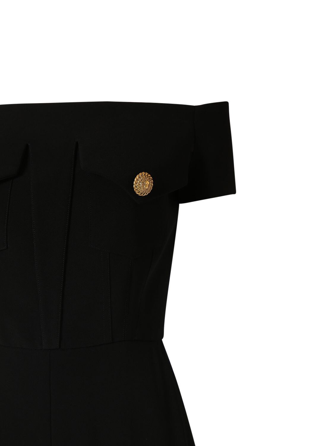 Shop Balmain Off-shoulder Flared Crepe Jumpsuit In Black