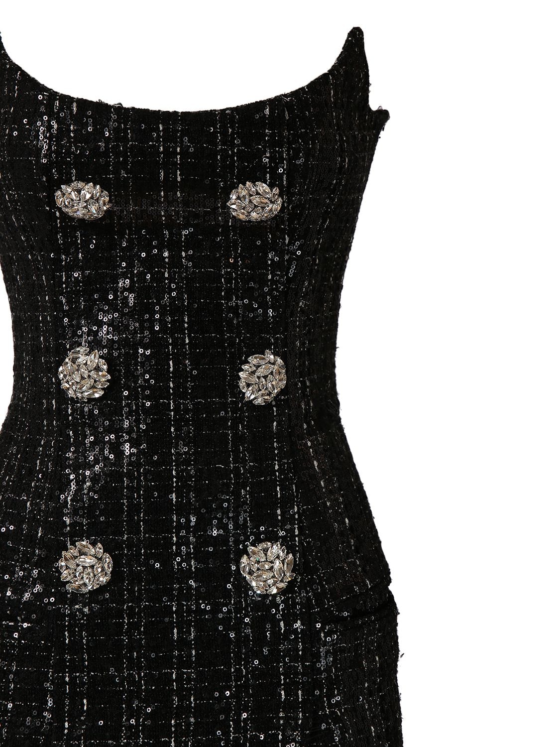 Shop Balmain Glittered Tweed Long Bustier Dress In Black