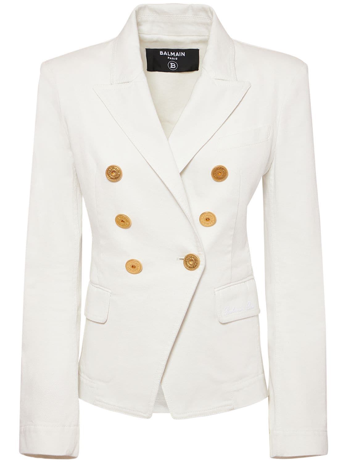 Shop Balmain Double Breast Denim Jacket In White