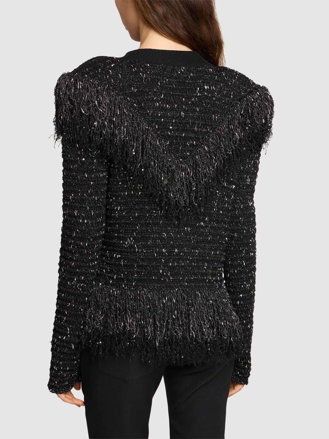 Shop Balmain Glittered Fringed Tweed Jacket In Black