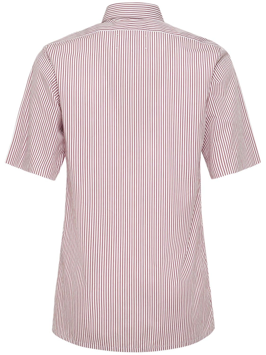 Shop Maison Margiela Striped Cotton Short Sleeved Shirt In White,bordeaux