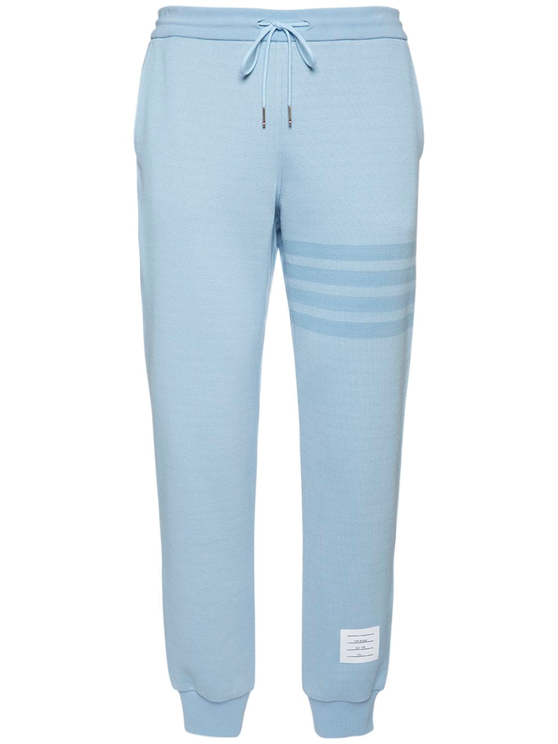 Shop Thom Browne Double Face Knit Sweatpants W/ Bar In Light Blue