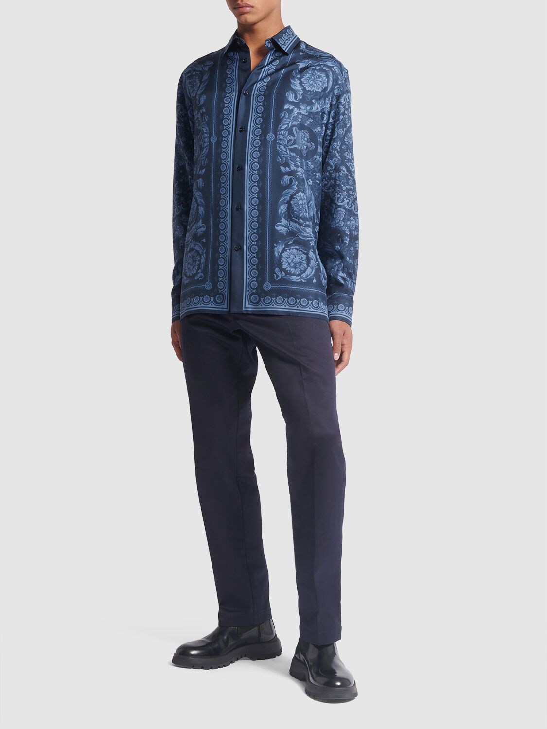 Shop Versace Barocco Print Silk Twill Shirt In Navy