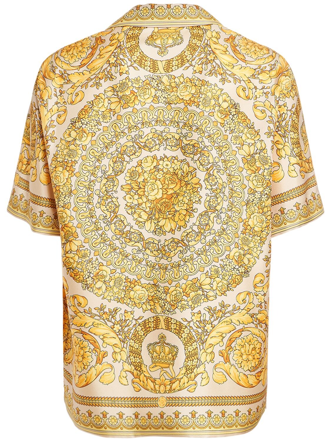 Shop Versace Barocco Printed Silk Short Sleeve Shirt In Champagne
