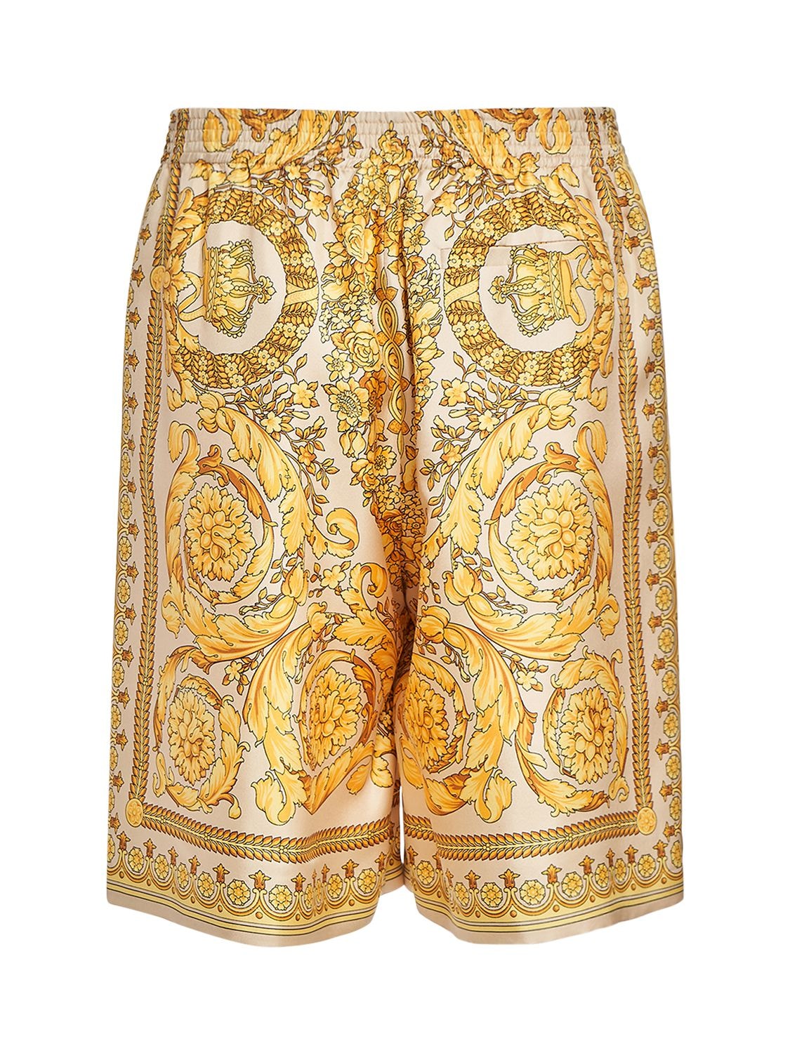 Shop Versace Barocco Printed Silk Shorts In Champagne