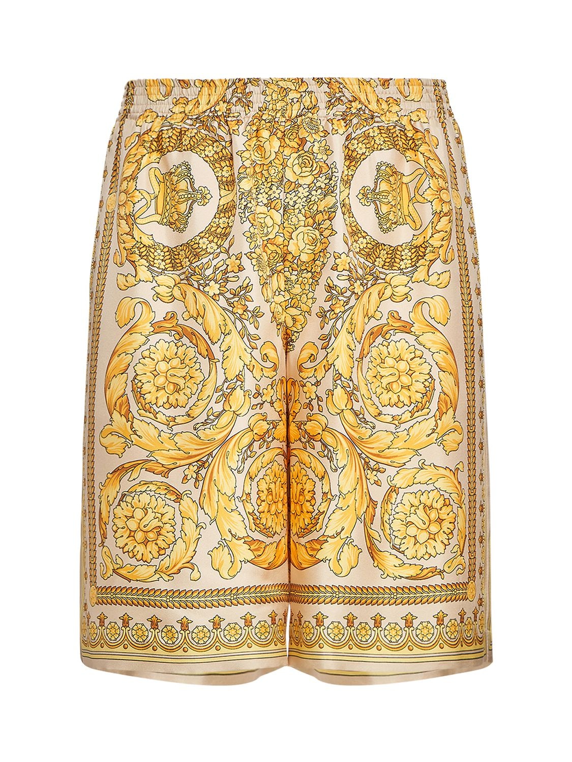 Versace Barocco Printed Silk Shorts In Champagne