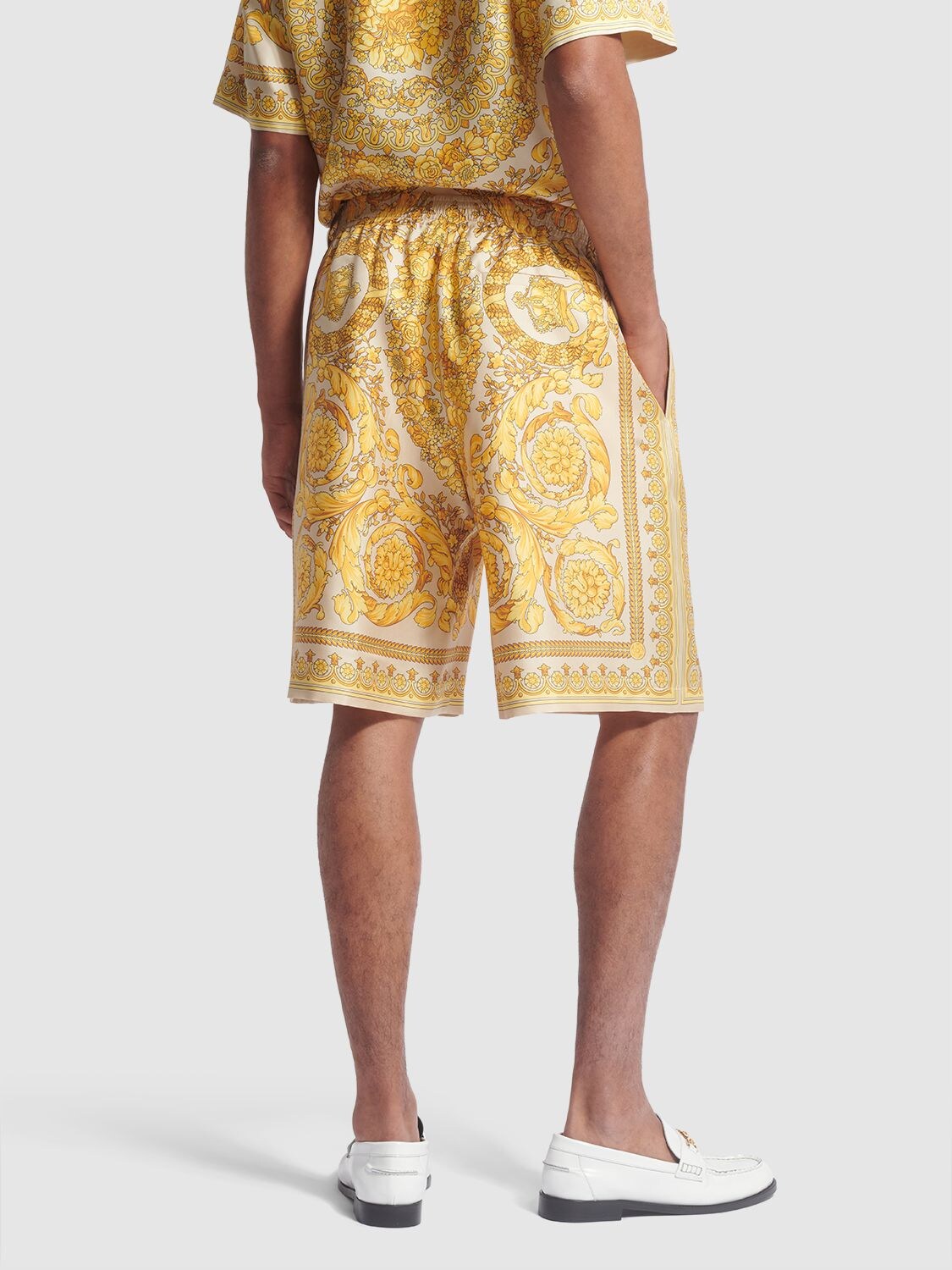Shop Versace Barocco Printed Silk Shorts In Champagne