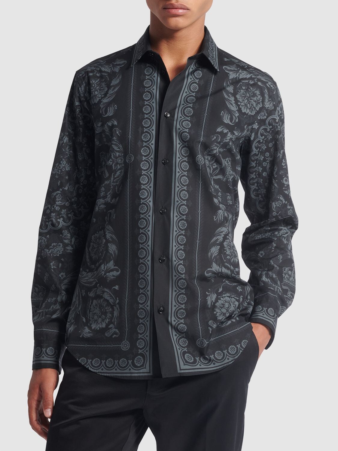 Shop Versace Barocco Printed Cotton Poplin Shirt In Black