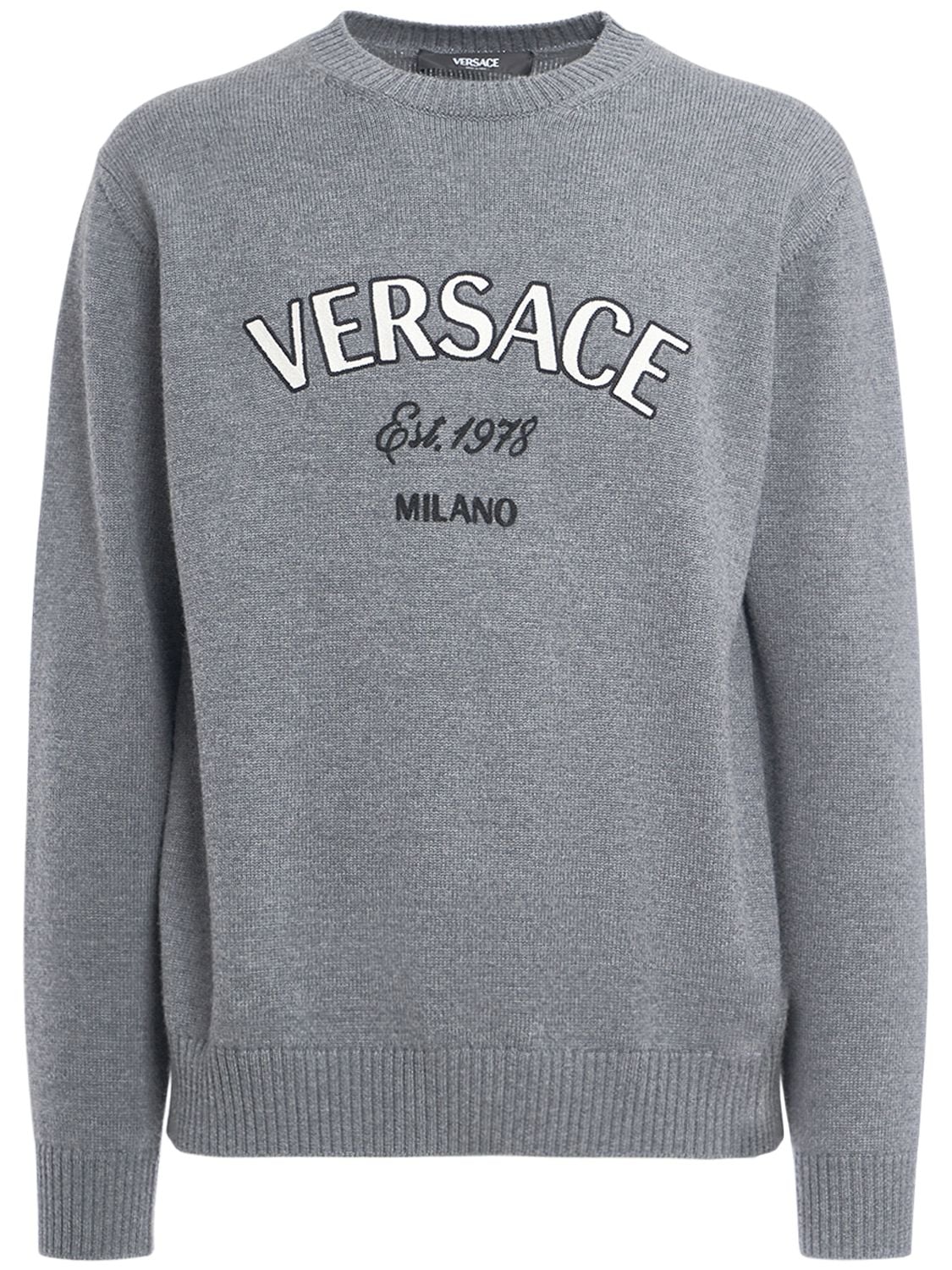 Versace Logo Embroidery Wool Sweater In Grey