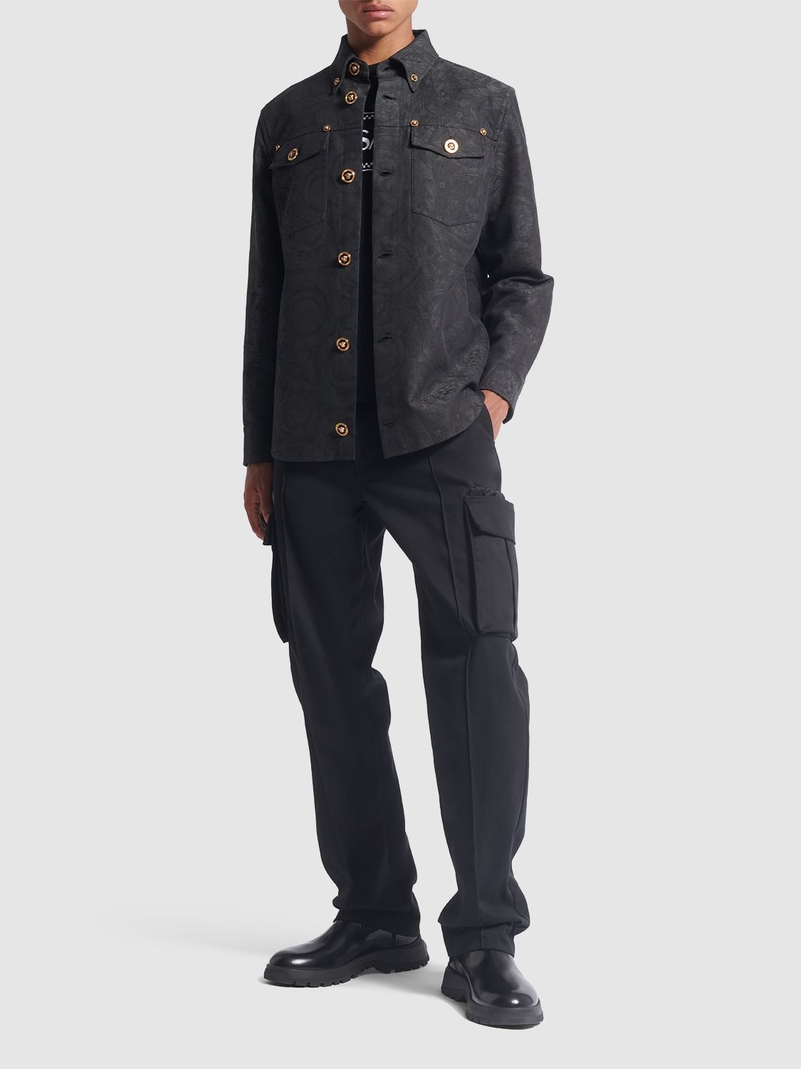 Shop Versace Barocco Jacquard Cotton Overshirt In Anthracite