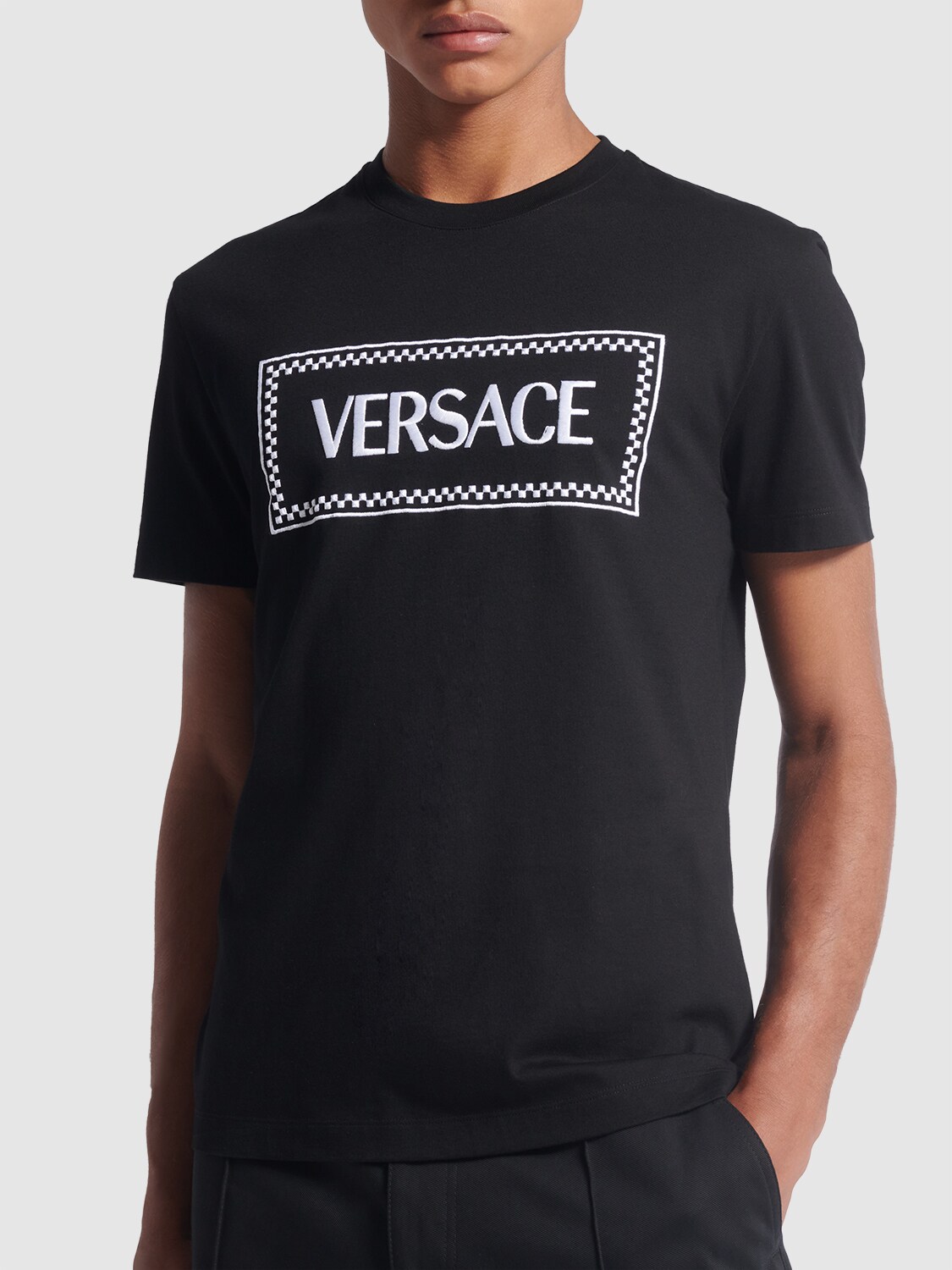 Shop Versace Logo Cotton T-shirt In Black