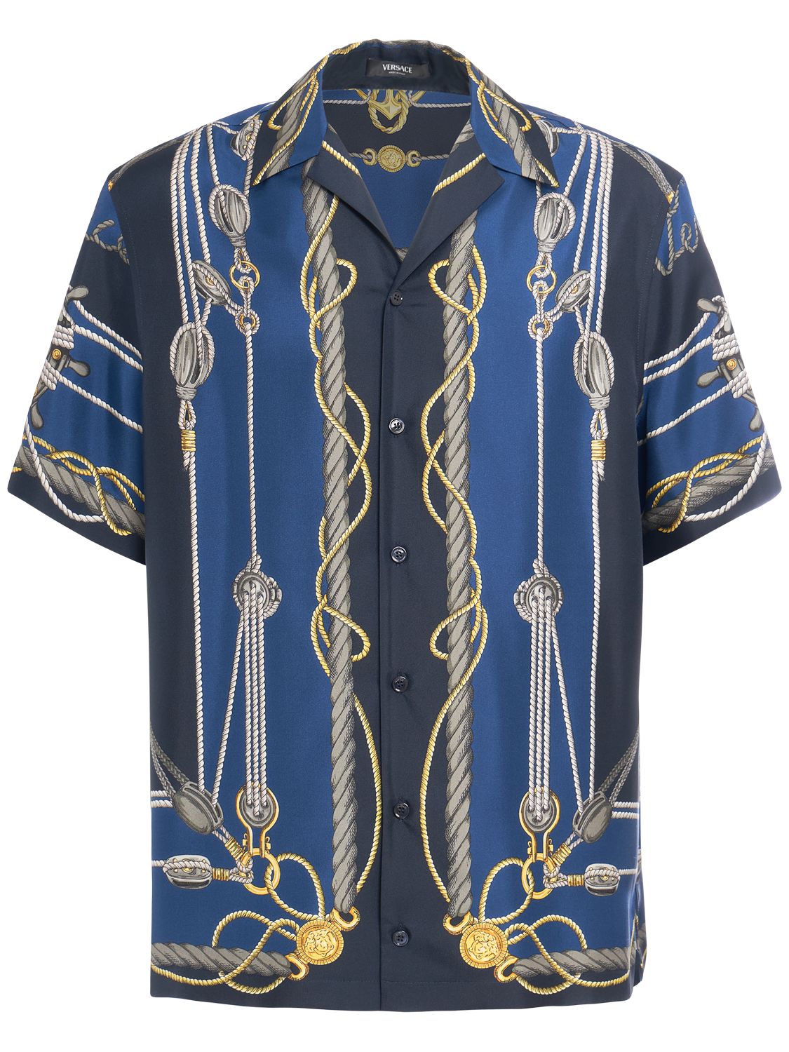 Shop Versace Nautical Printed Silk Short Sleeve Shirt In Blue,gold