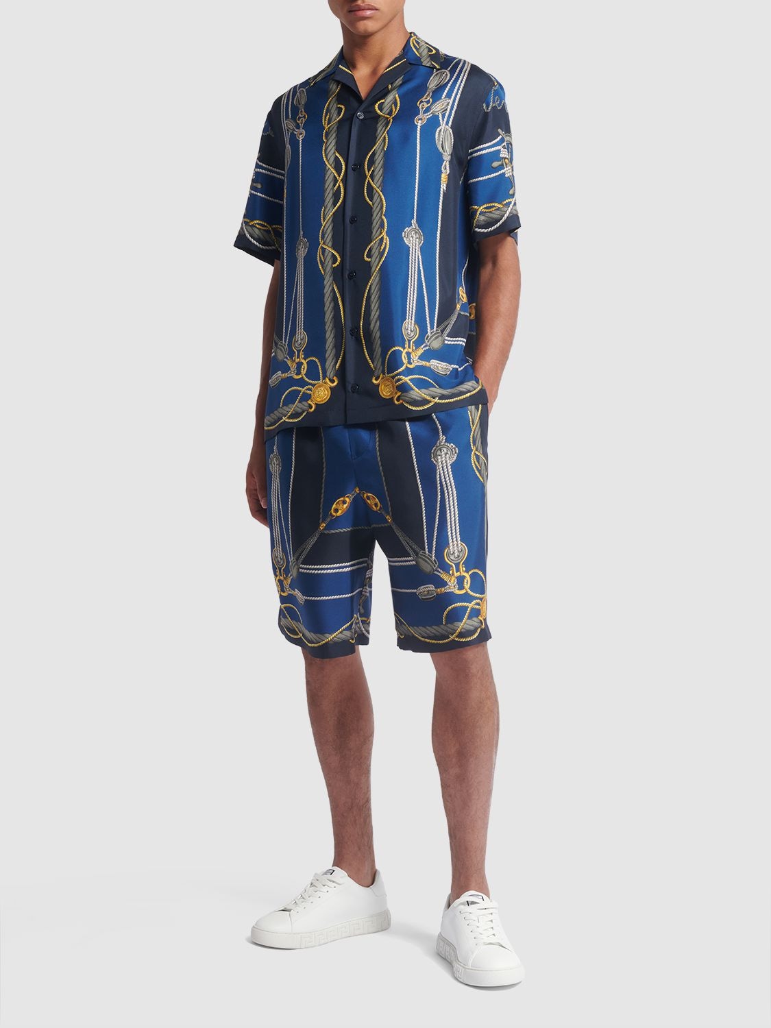 Shop Versace Nautical Printed Silk Shorts In Blue,gold