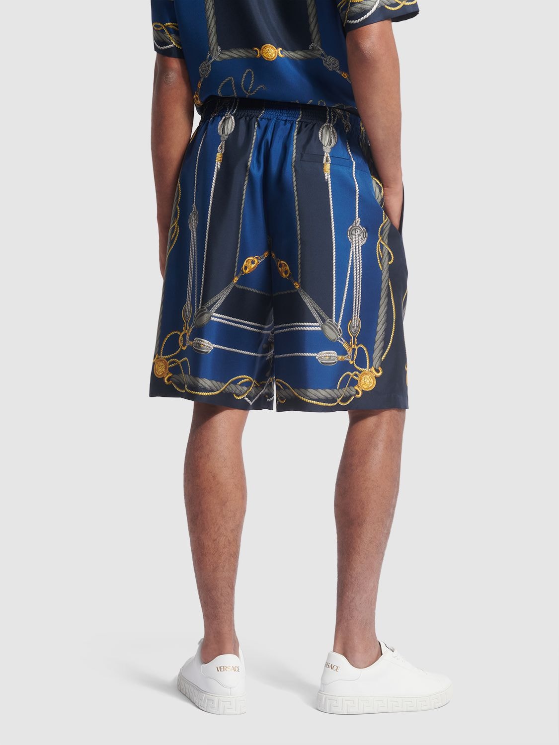 Shop Versace Nautical Printed Silk Shorts In Blue,gold
