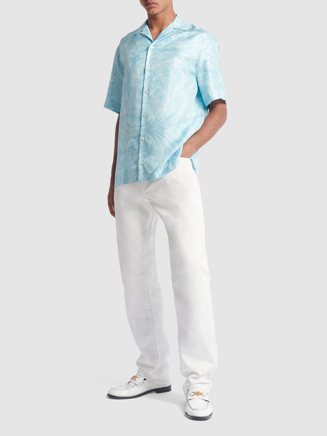 Shop Versace Barocco Print Silk Twill Shirt In Light Blue