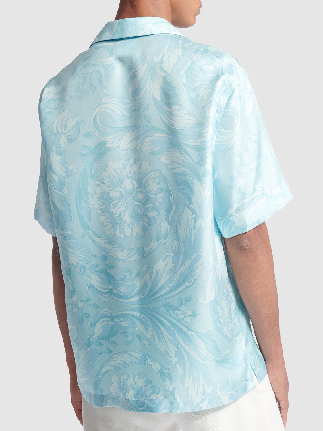 Shop Versace Barocco Print Silk Twill Shirt In Light Blue