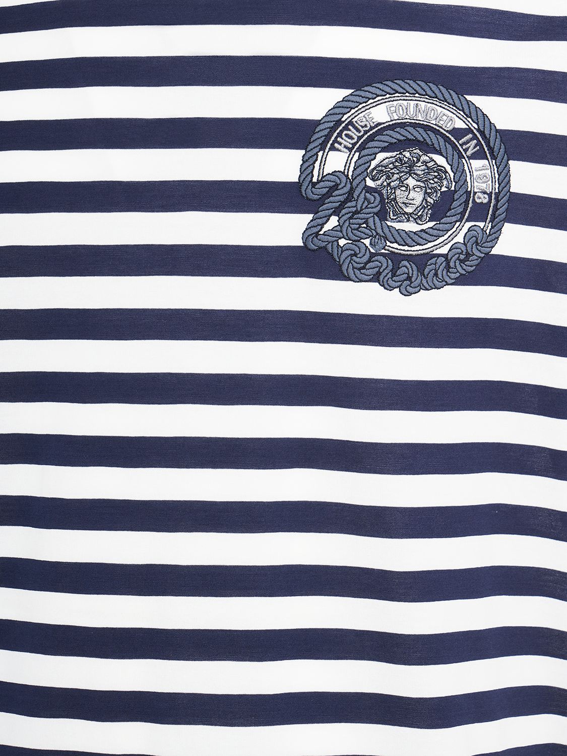 Shop Versace Logo Striped Cotton T-shirt In White,navy