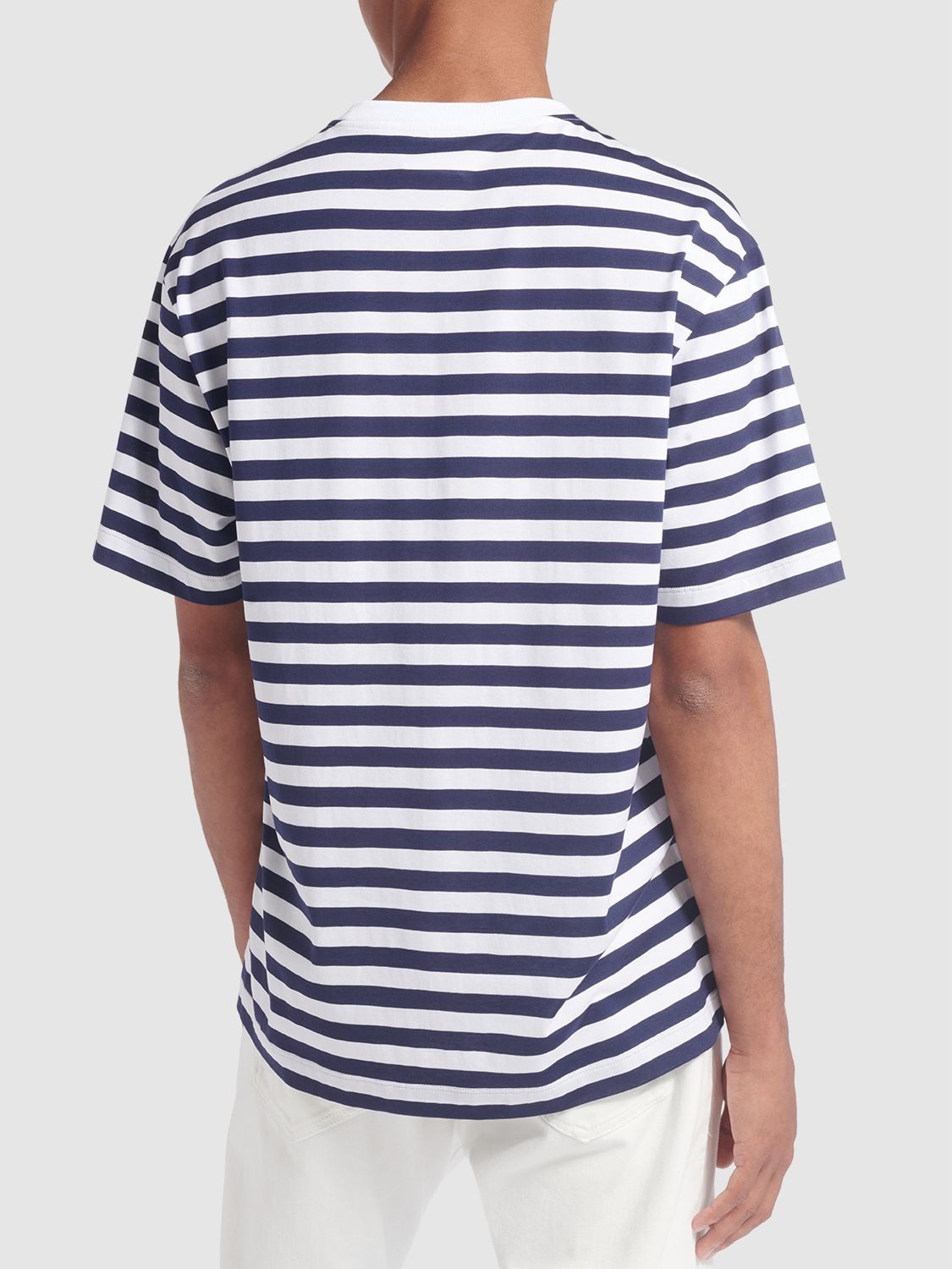 Shop Versace Logo Striped Cotton T-shirt In White,navy