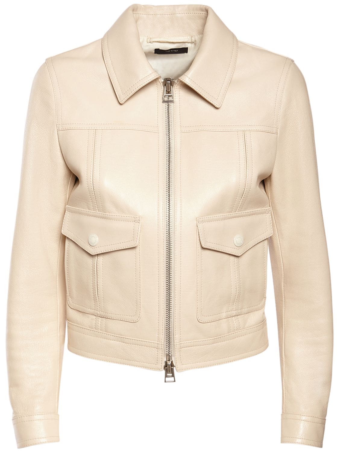 Tom Ford Leather Biker Jacket W/shirt Collar In Ivory