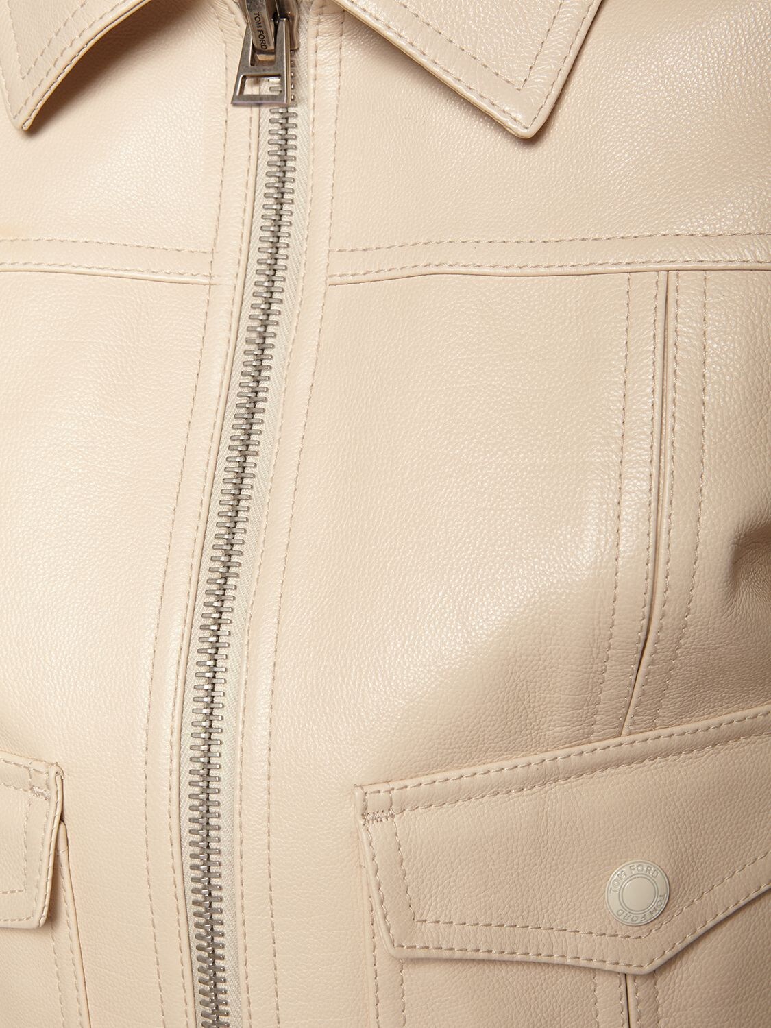 Shop Tom Ford Leather Biker Jacket W/shirt Collar In Ivory