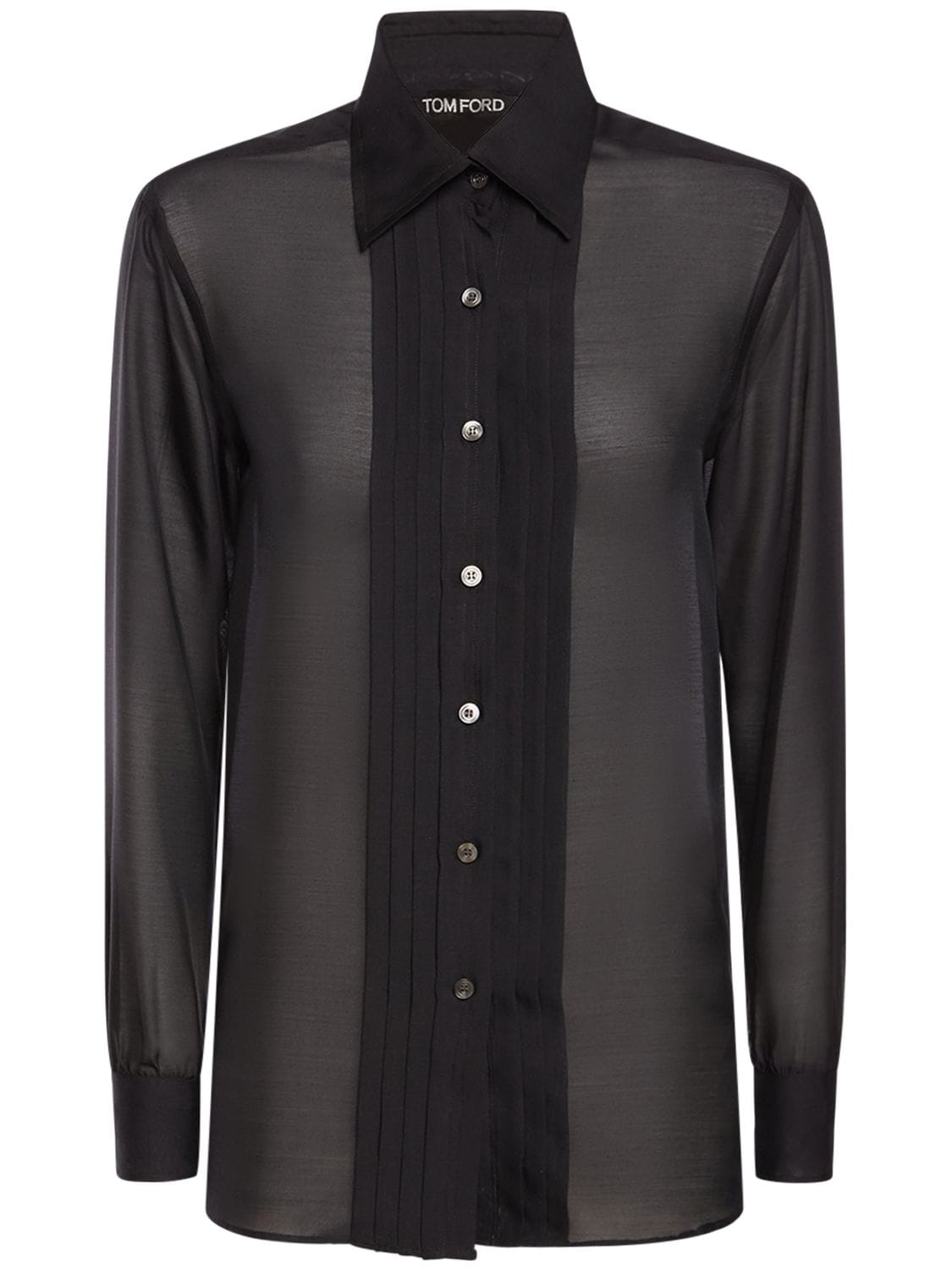 Tom Ford Silk Satin Shirt W/ Pleated Front In Black