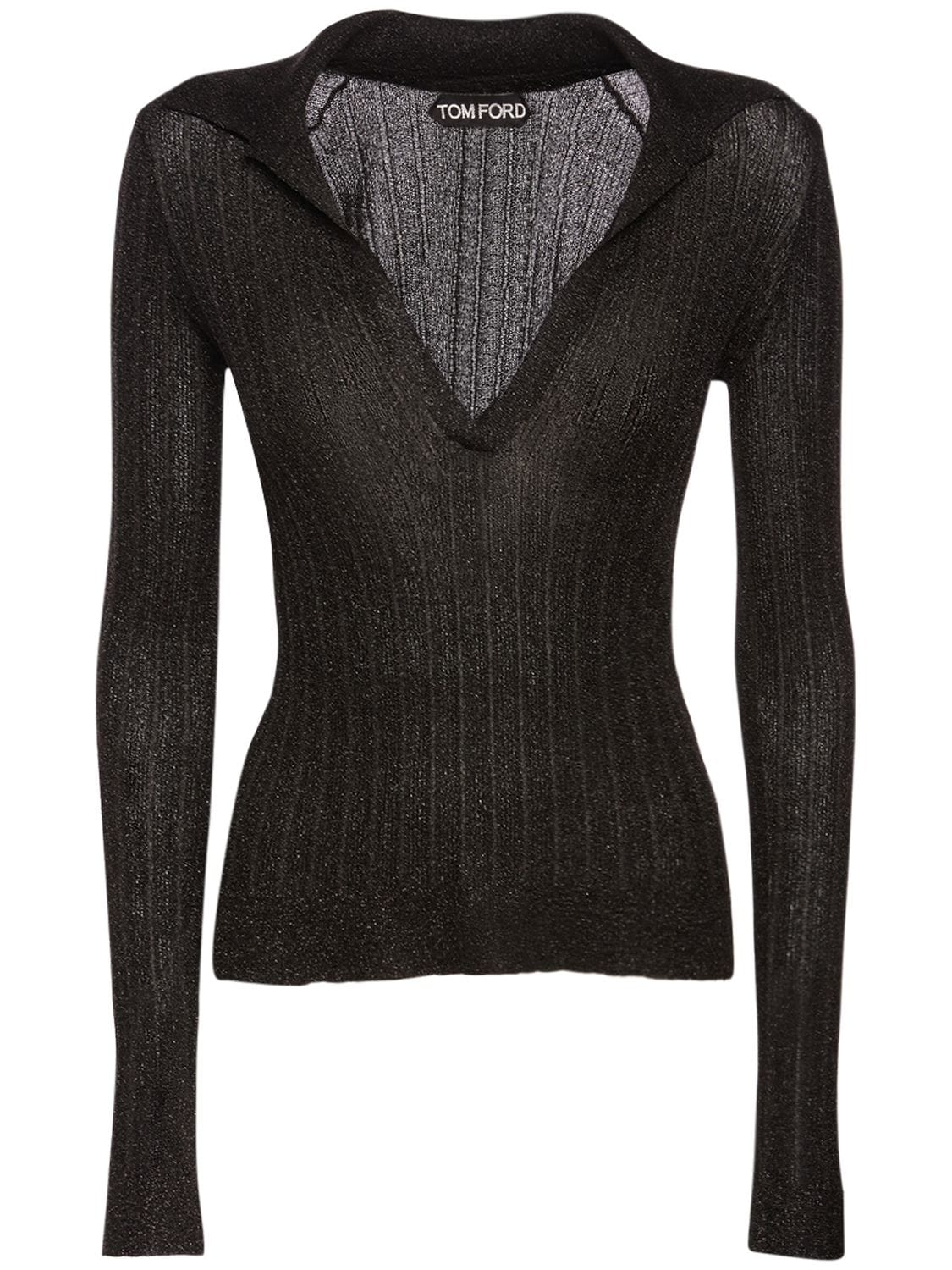 Tom Ford Lurex Ribbed Knit Long Sleeve Polo In Black