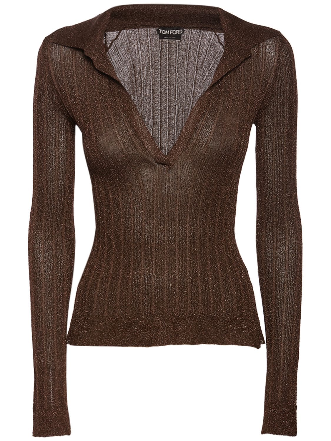 Tom Ford Lurex Ribbed Knit Long Sleeve Polo In Brown