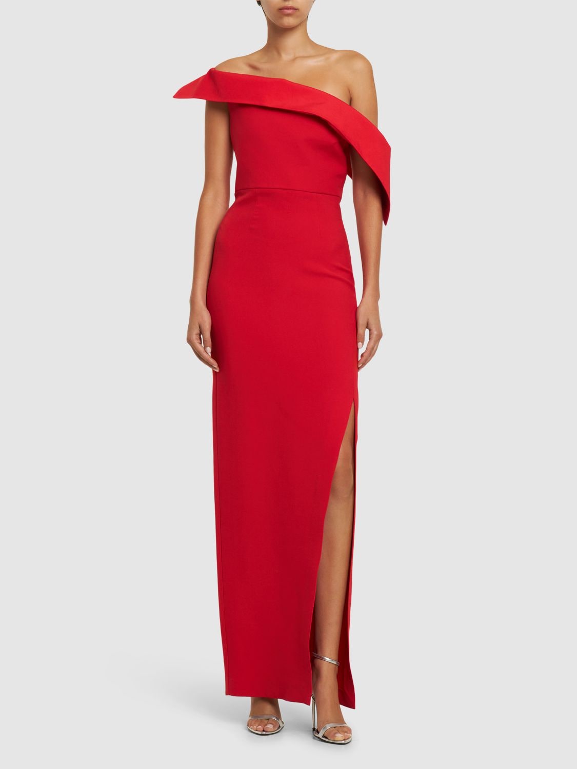 Shop Roland Mouret Asymmetric Wool & Silk Slit Maxi Dress In Rot