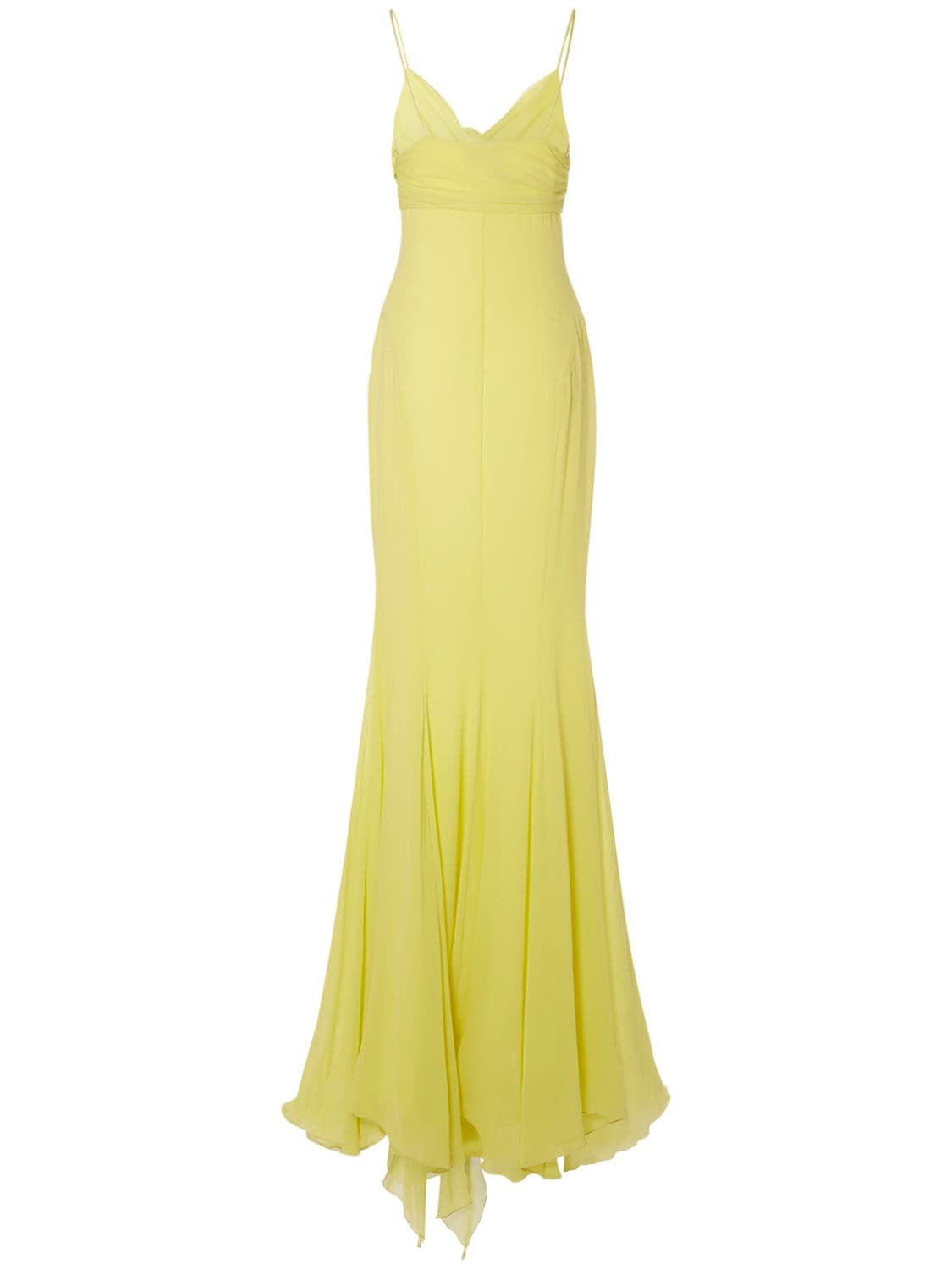 Shop Blumarine Ruffled Silk Long Dress W/rose In Yellow