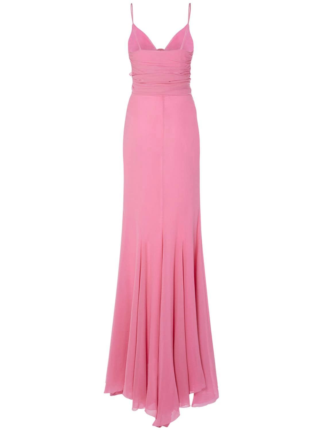 Shop Blumarine Ruffled Silk Long Dress W/rose In Pink