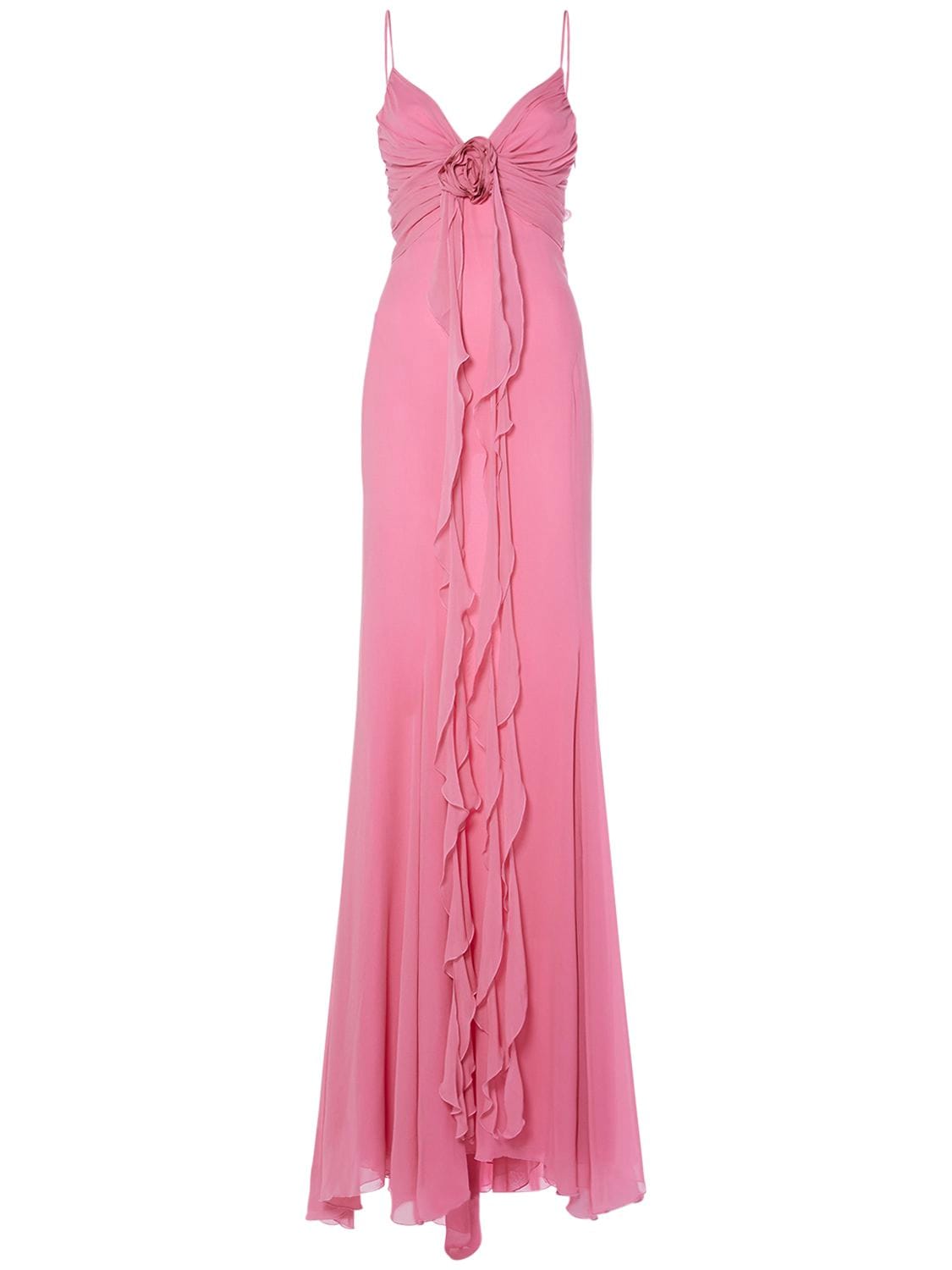 Ruffled Silk Long Dress W/rose