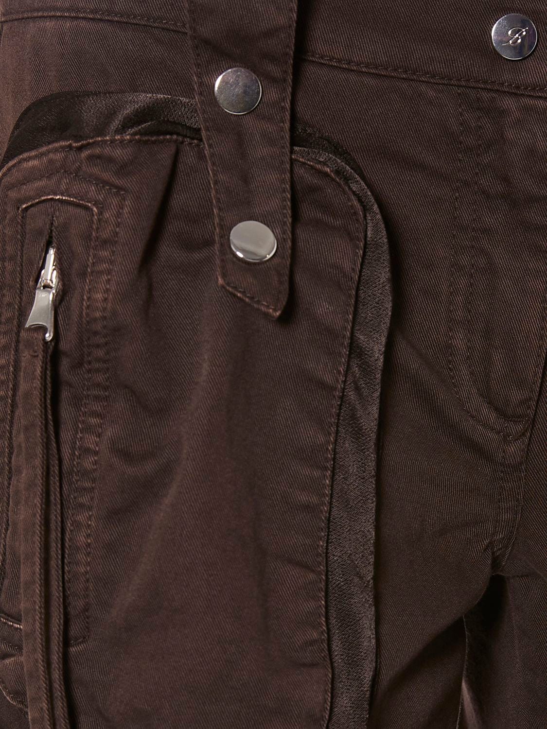 Shop Blumarine Cotton Denim Cargo Flared Pants W/zips In Dark Brown