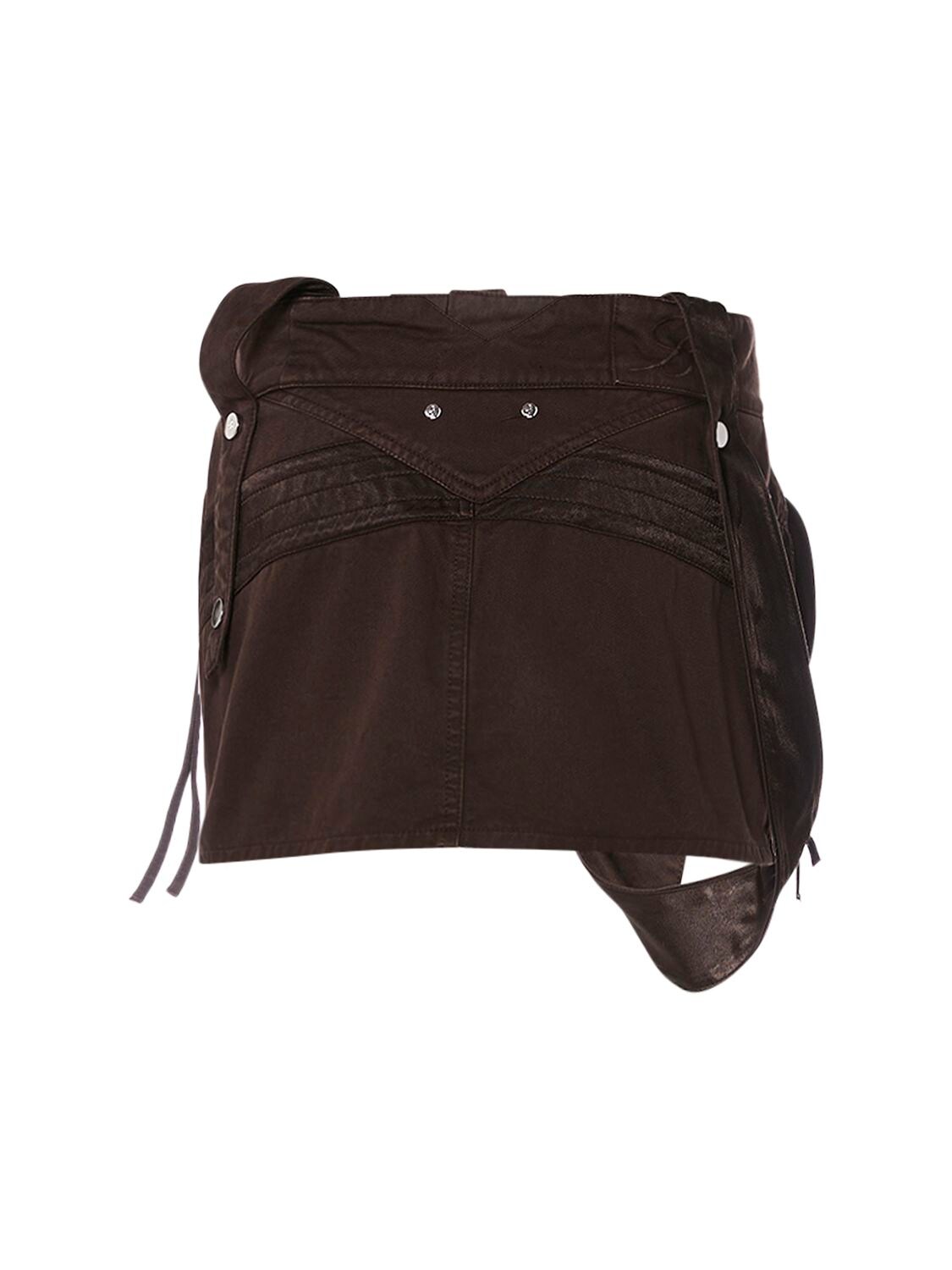 Shop Blumarine Cotton Denim Zip Cargo Mini Skirt In Dark Brown