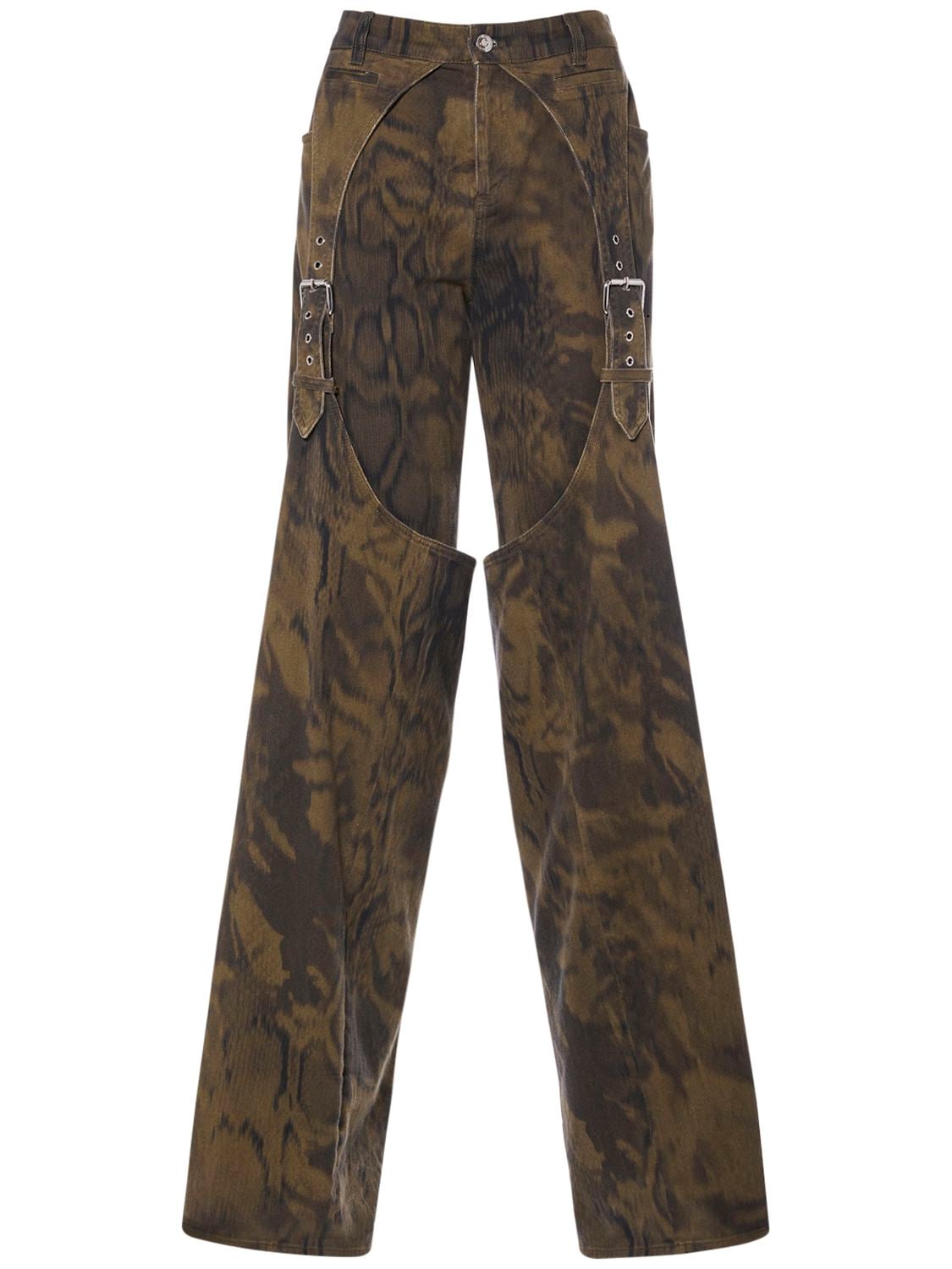 Blumarine Printed Denim Wide Jeans W/buckles In Multi,military