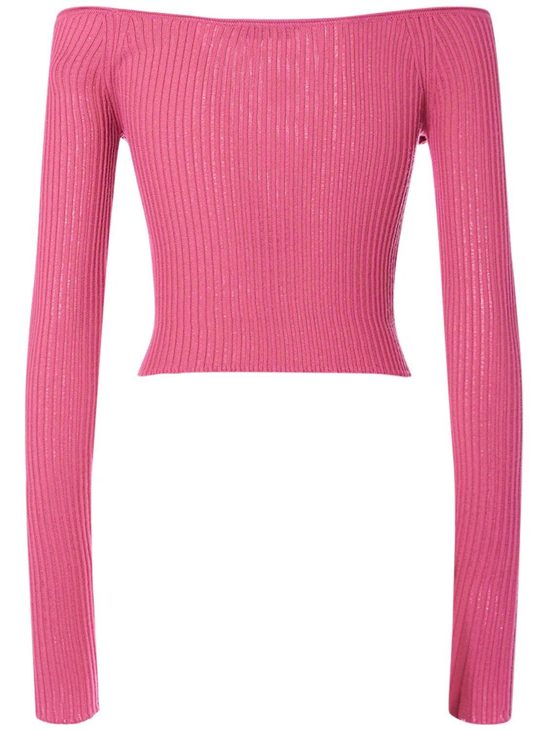 Shop Blumarine Viscose Knit Off-shoulder Crop Top In Pink