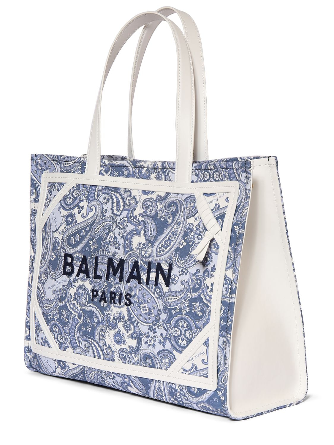 Shop Balmain Medium B-army Canvas Paisley Shopper Bag In Bleu Pale