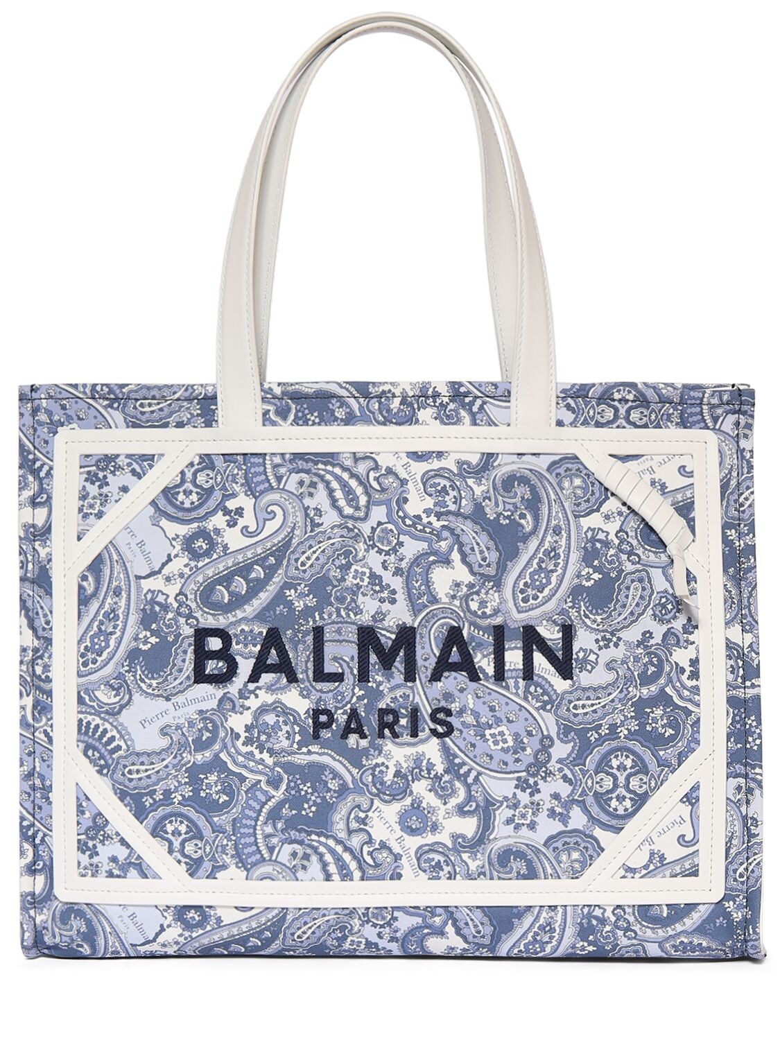 Shop Balmain Medium B-army Canvas Paisley Shopper Bag In Bleu Pale