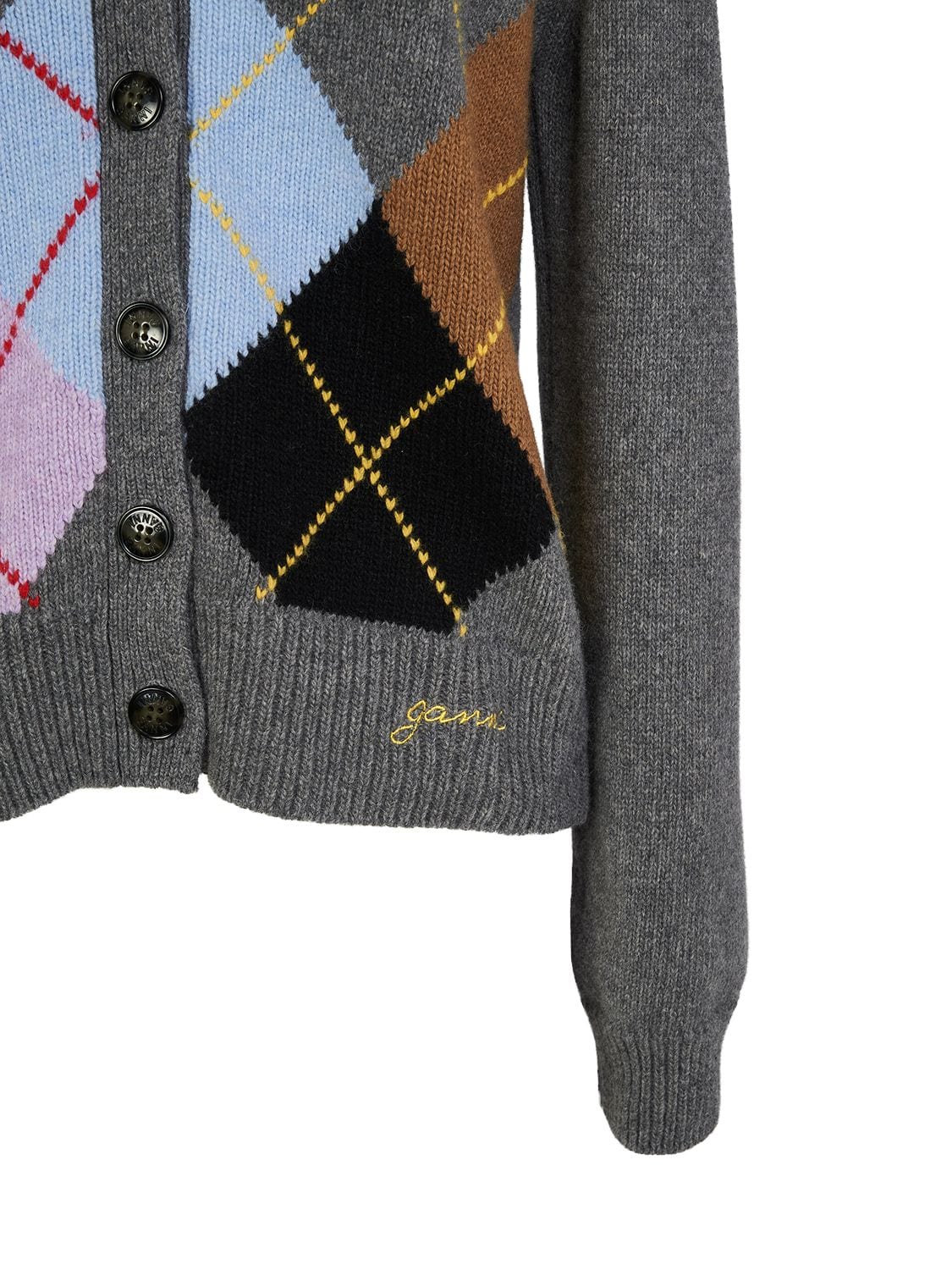 Shop Ganni Harlequin Wool Blend Knit Cardigan In Bunt