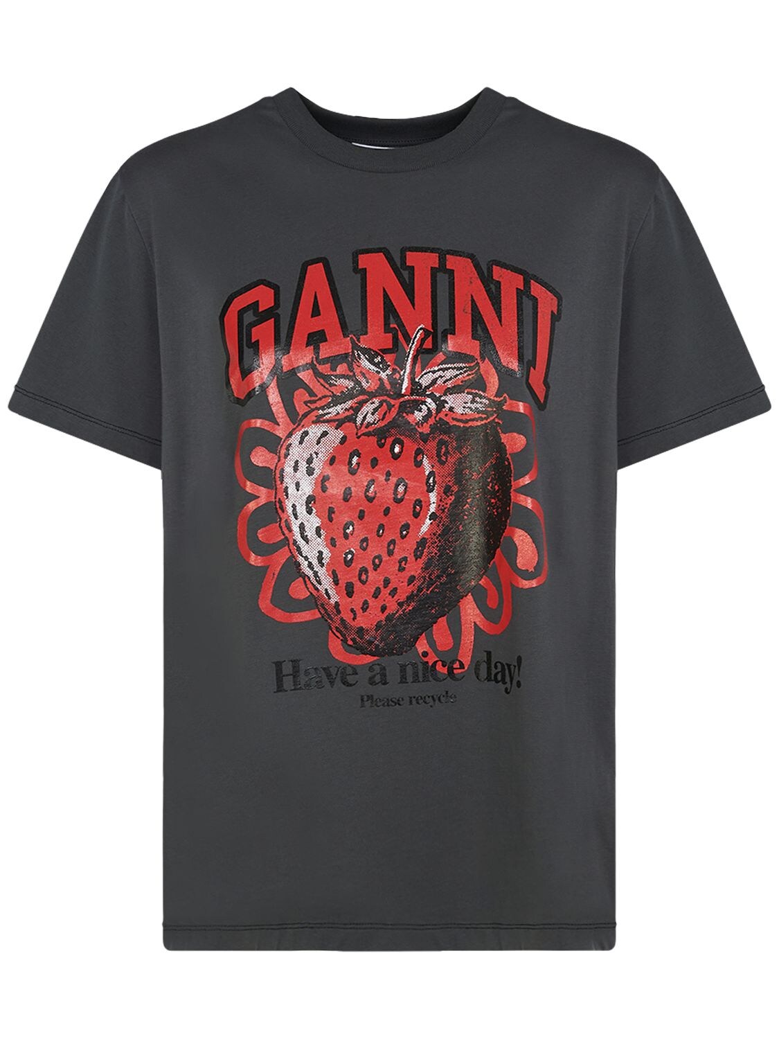 Shop Ganni Strawberry Print Cotton Jersey T-shirt In Schwarz